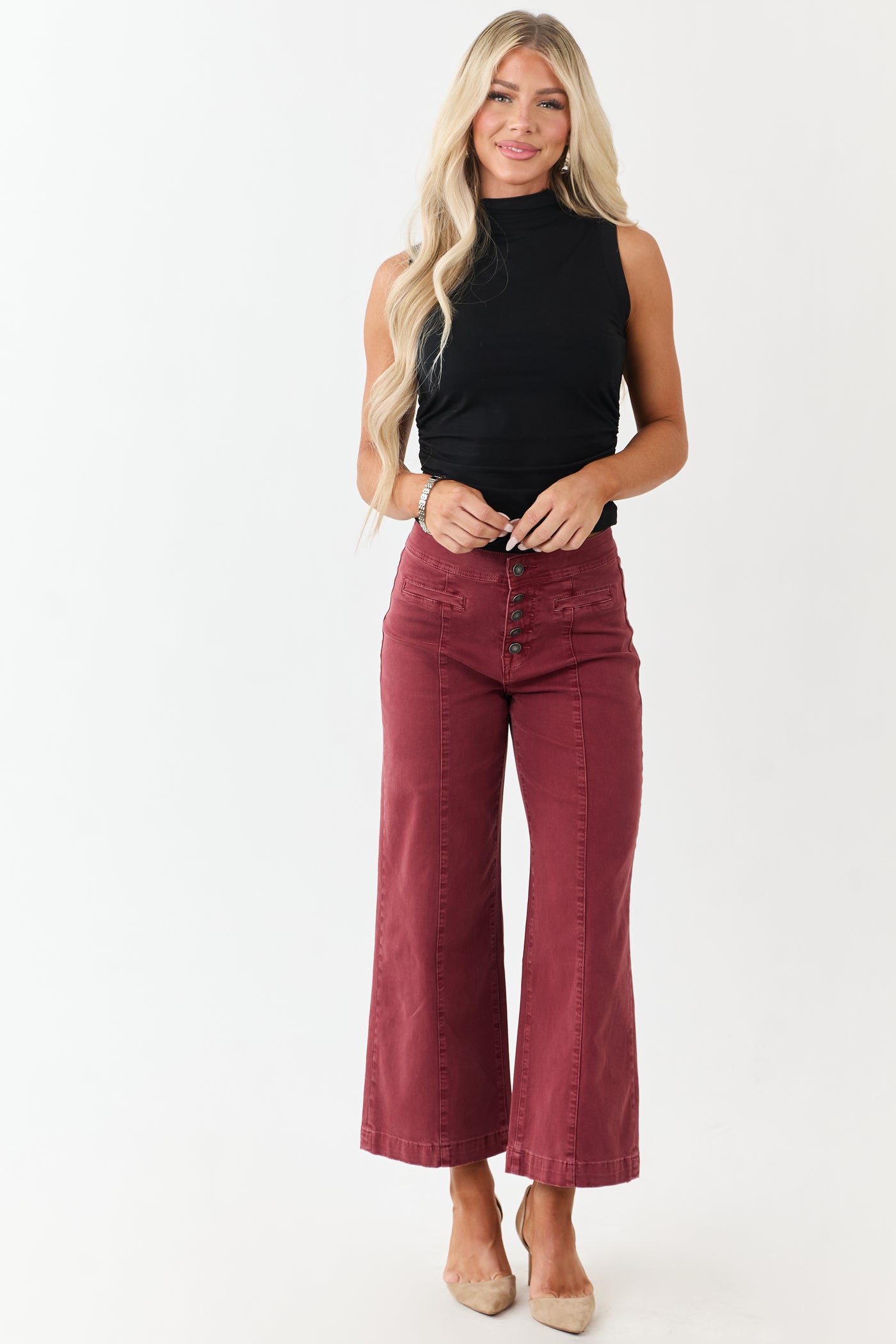 Mica Denim Faded Maroon Stretchy Wide Leg Crop Jeans
