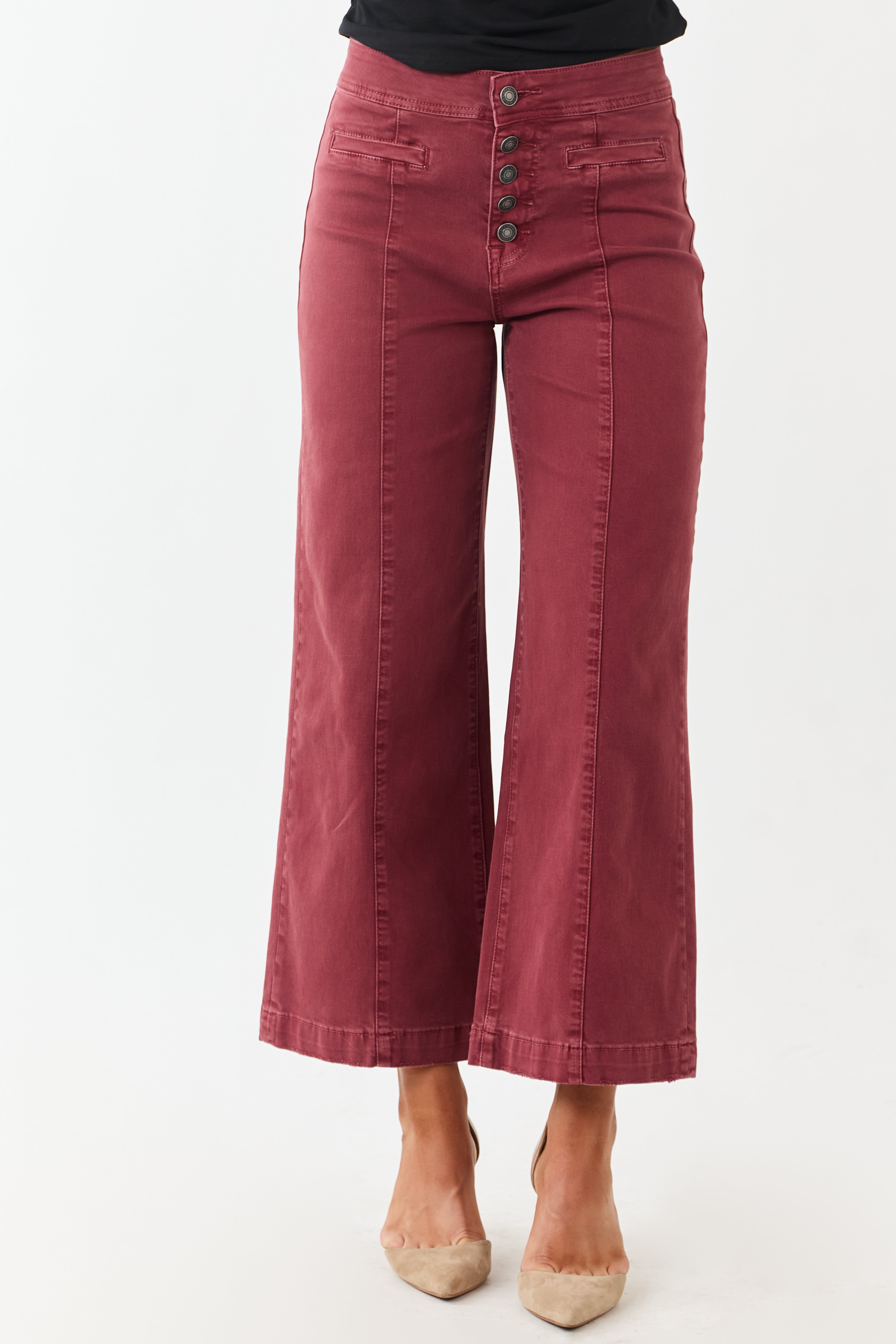Mica Denim Faded Maroon Stretchy Wide Leg Crop Jeans