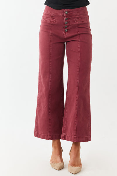 Mica Denim Faded Maroon Stretchy Wide Leg Crop Jeans