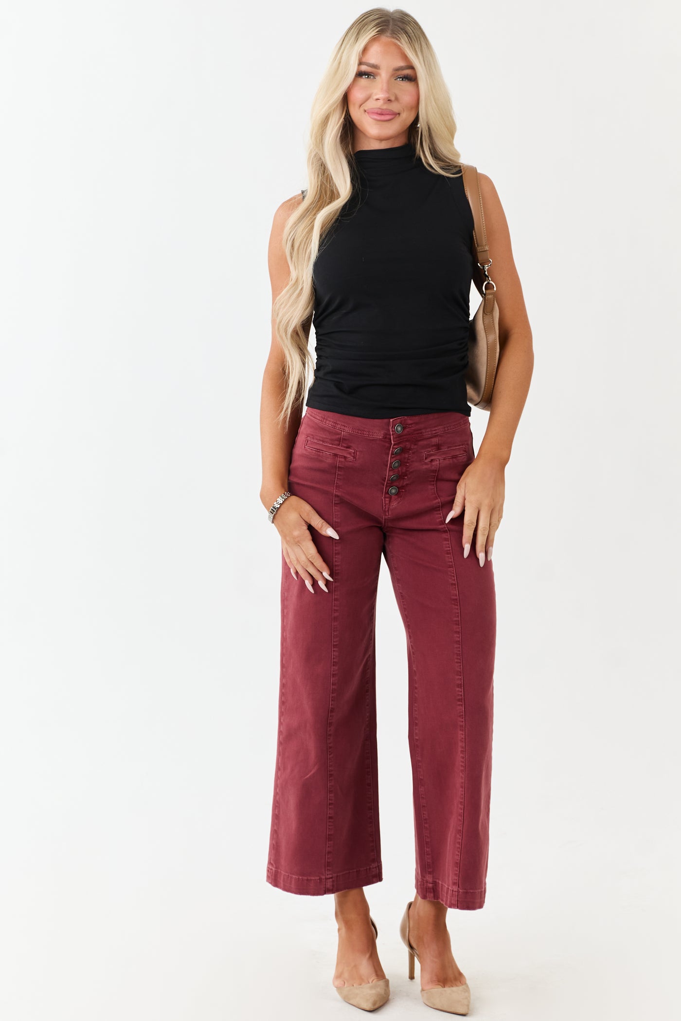 Mica Denim Faded Maroon Stretchy Wide Leg Crop Jeans