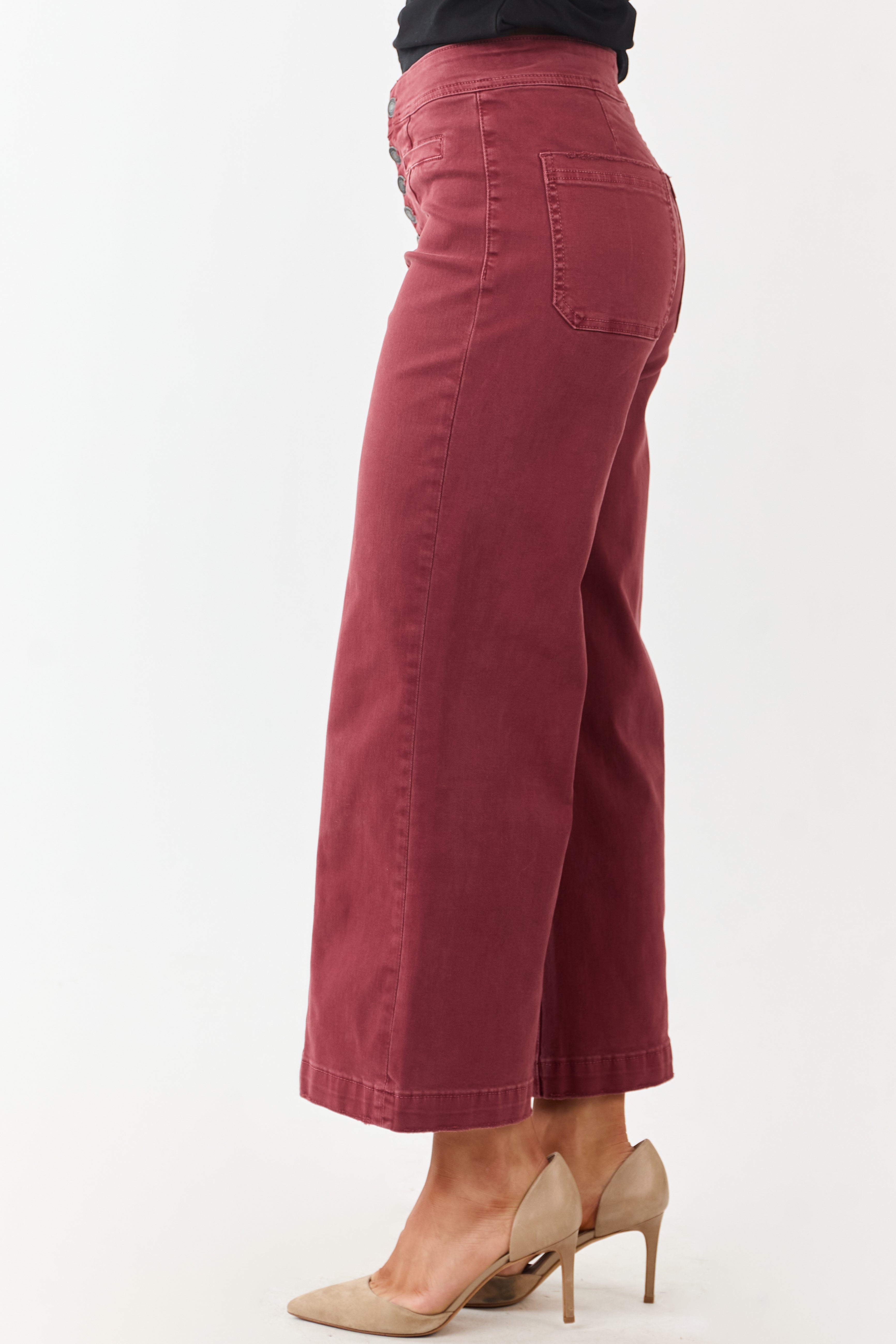 Mica Denim Faded Maroon Stretchy Wide Leg Crop Jeans