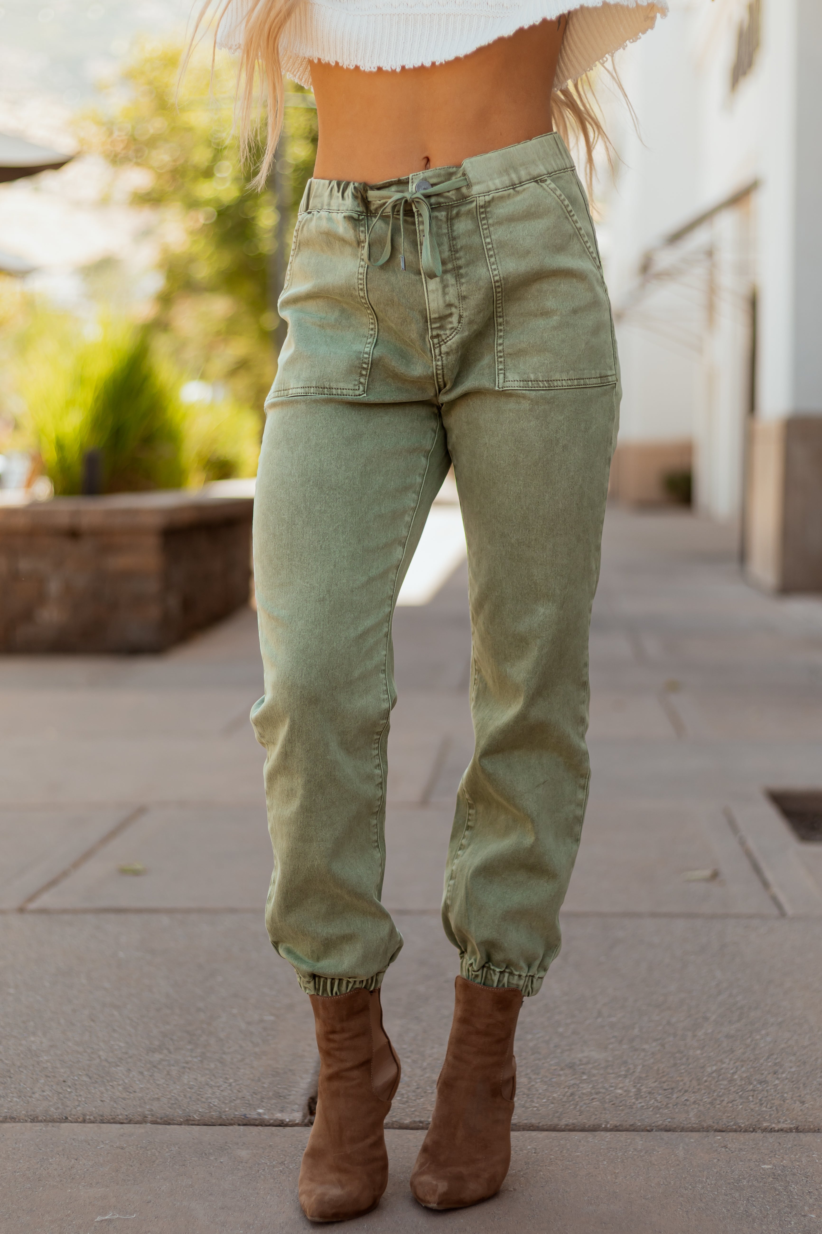 Mica Denim Faded Olive Cropped Jogger Jeans | Lime Lush Boutique