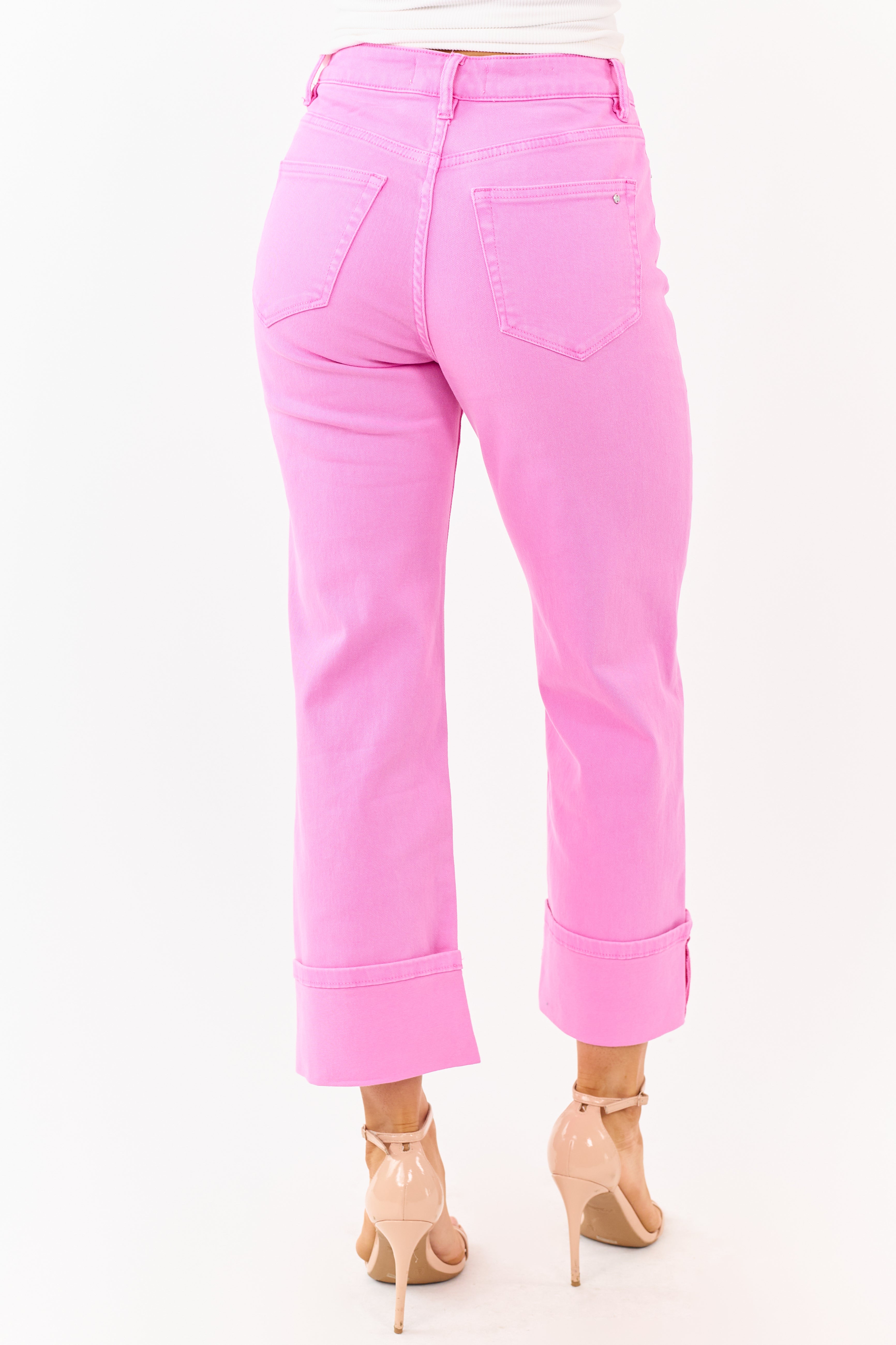 Mica Denim Fuchsia Stretchy Wide Leg Cuffed Jeans | Lime Lush Boutique