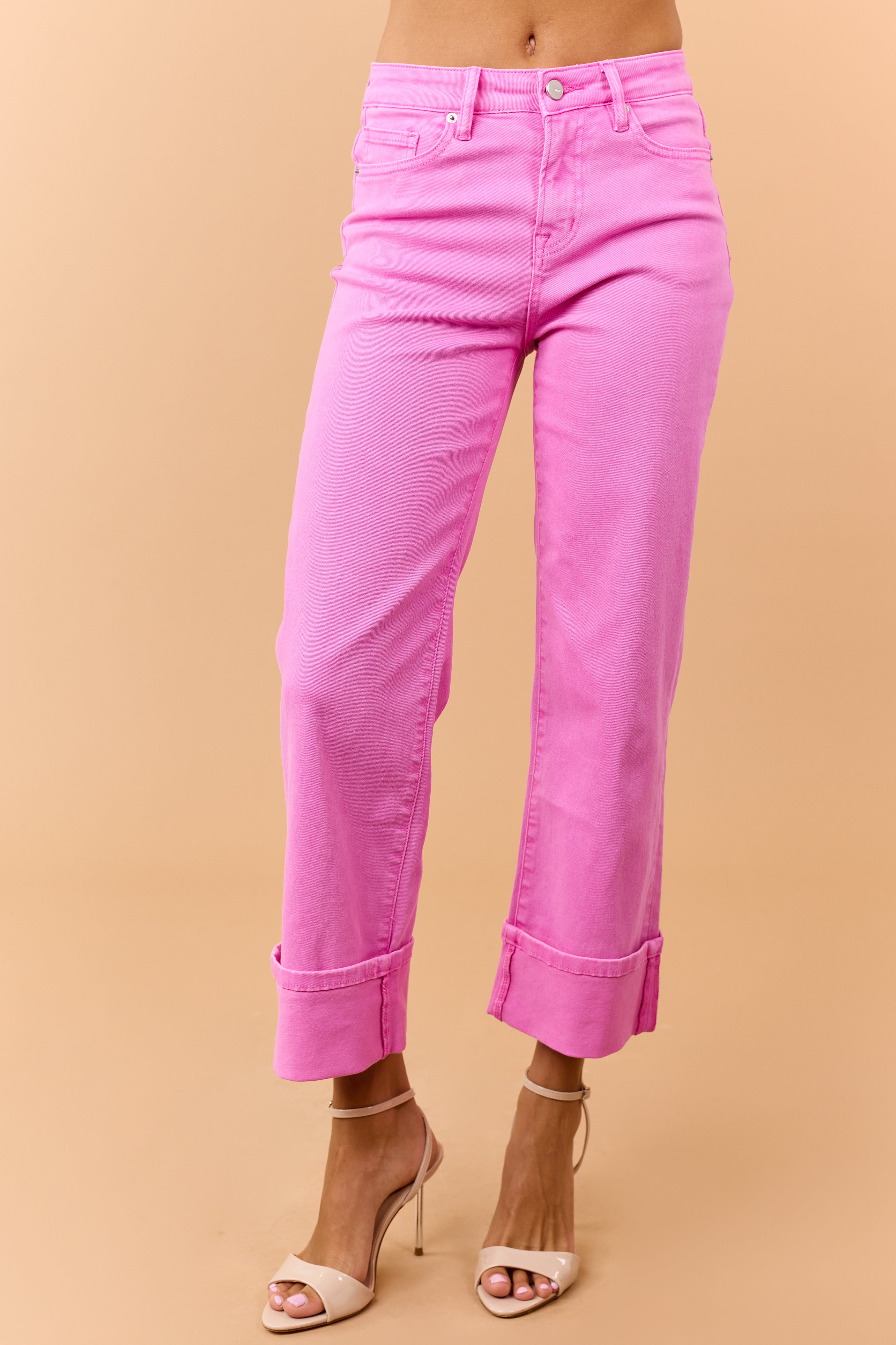 Mica Denim Fuchsia Stretchy Wide Leg Cuffed Jeans | Lime Lush Boutique