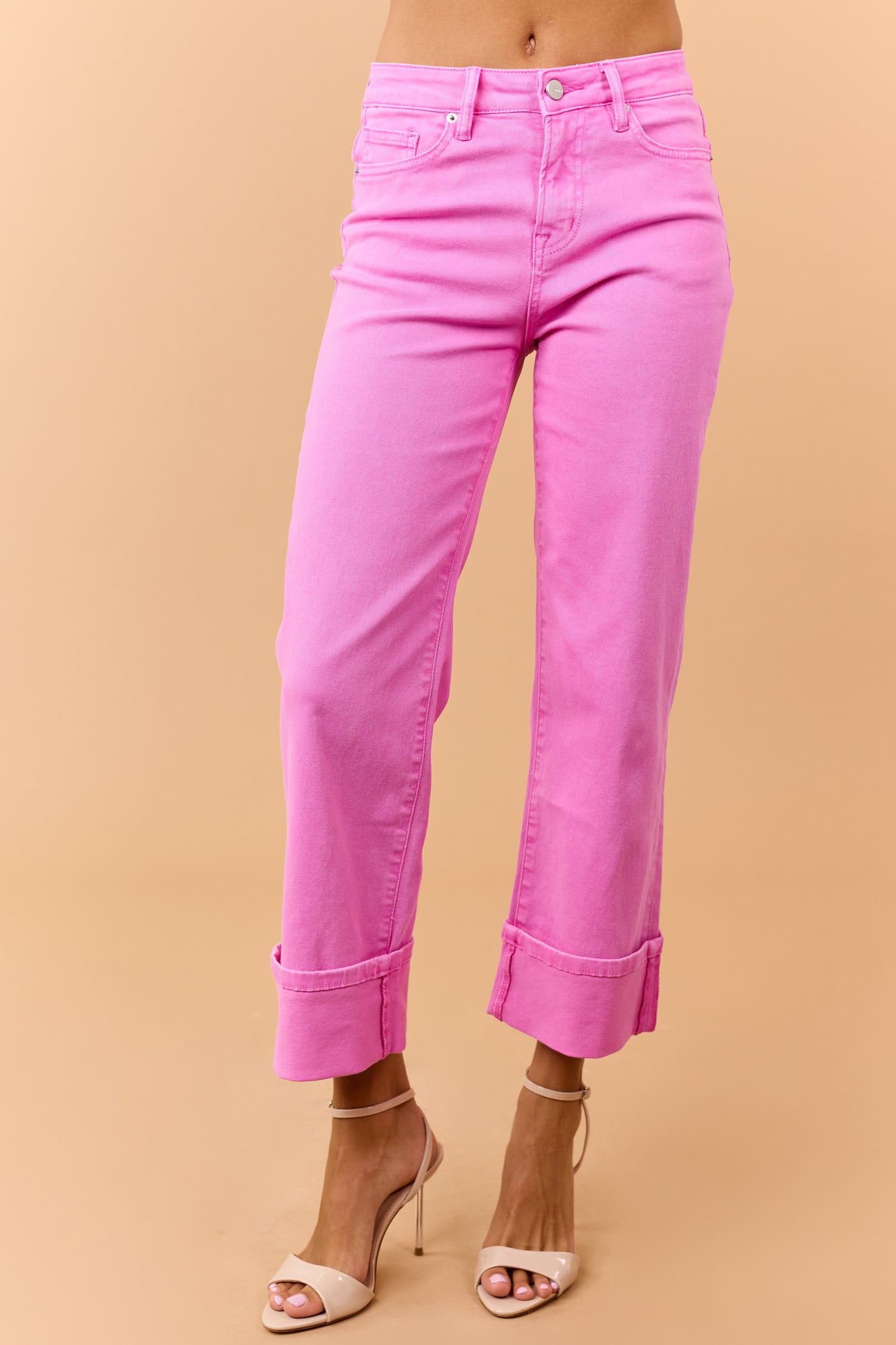 Mica Denim Fuchsia Stretchy Wide Leg Cuffed Jeans