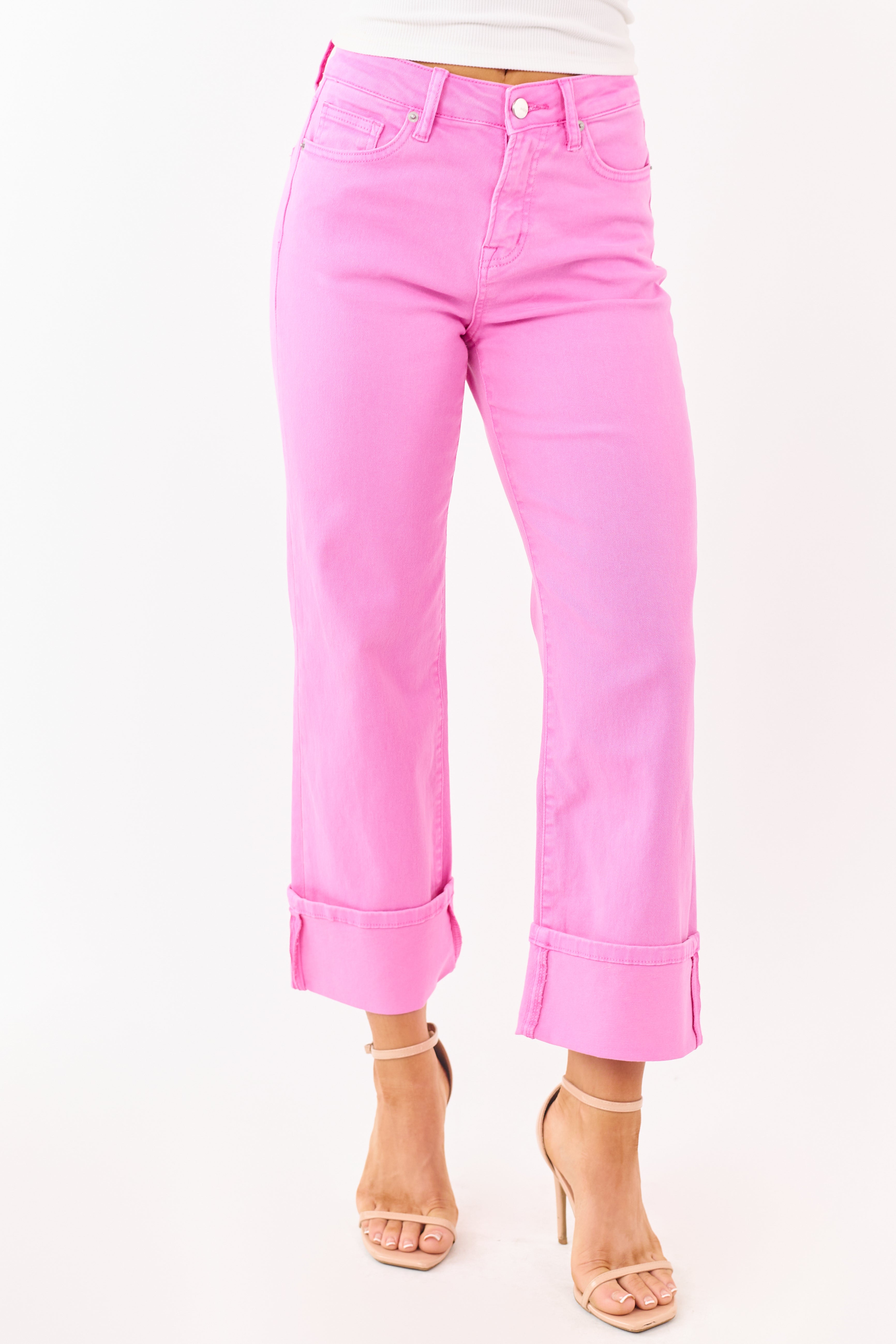 Mica Denim Fuchsia Stretchy Wide Leg Cuffed Jeans