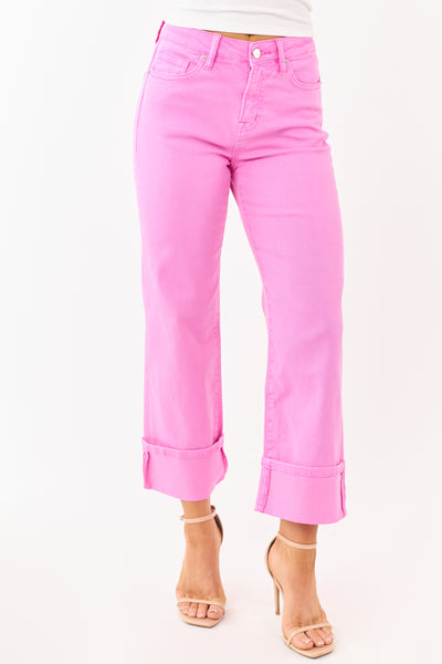 Mica Denim Fuchsia Stretchy Wide Leg Cuffed Jeans