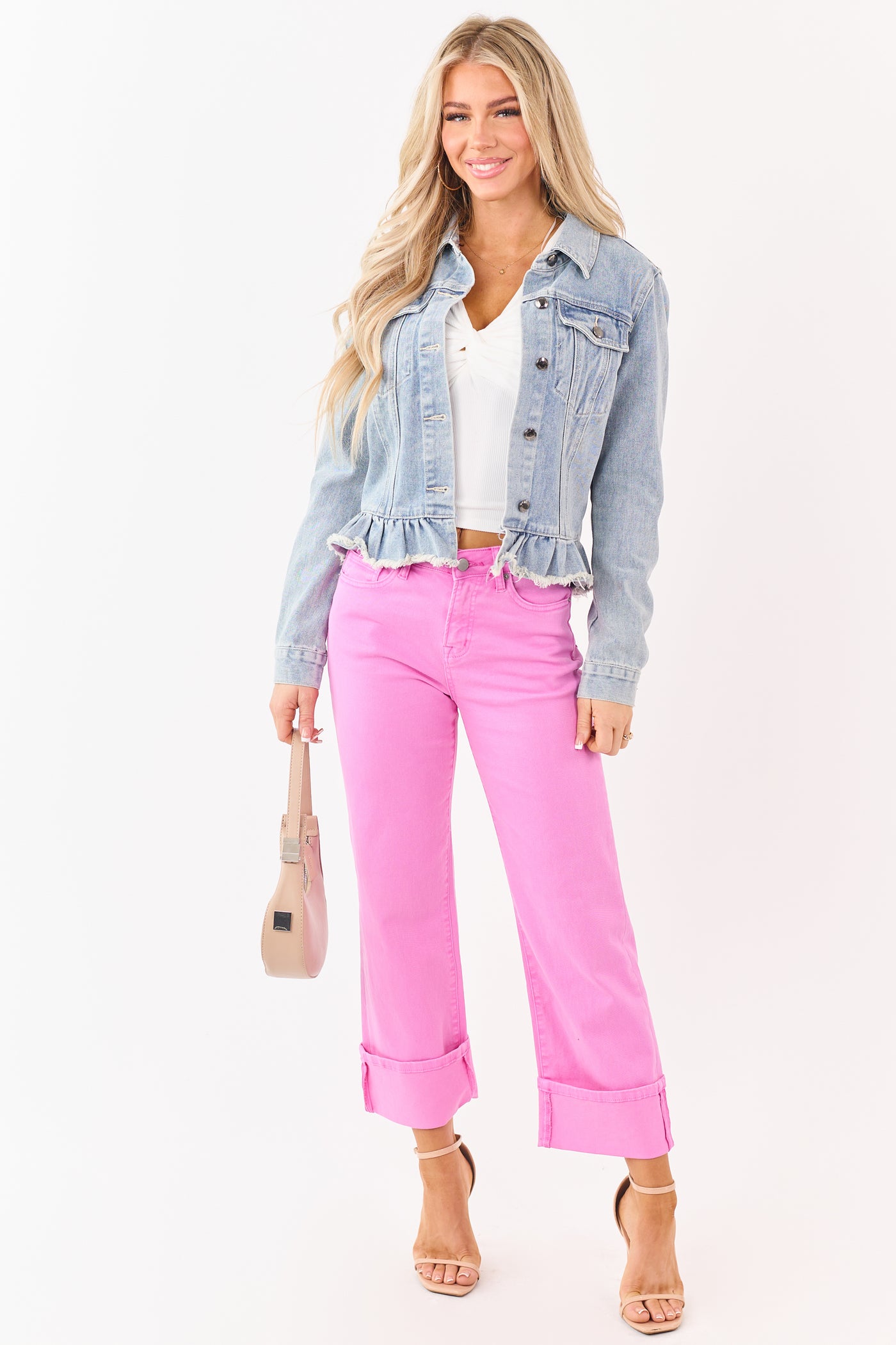 Mica Denim Fuchsia Stretchy Wide Leg Cuffed Jeans