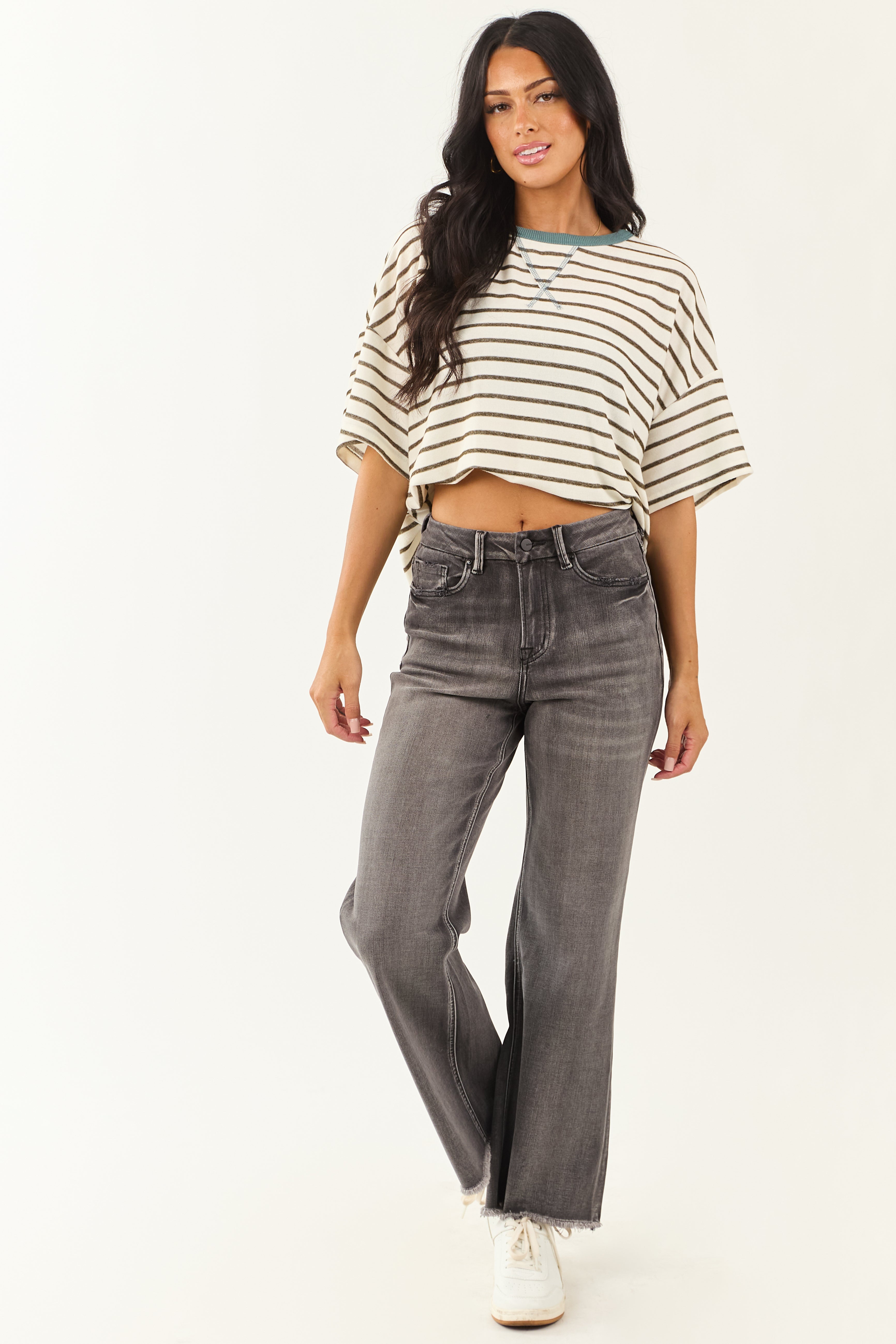 Mica Denim Graphite High Rise Stretchy Wide Leg Jeans | Lime Lush