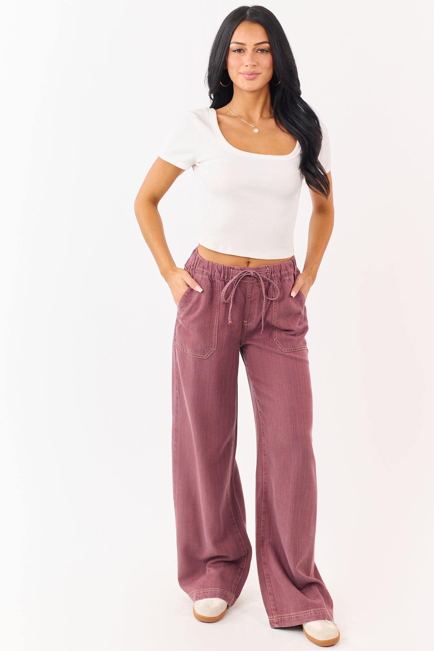 Mica Denim Hibiscus Wide Leg Drawstring Pants