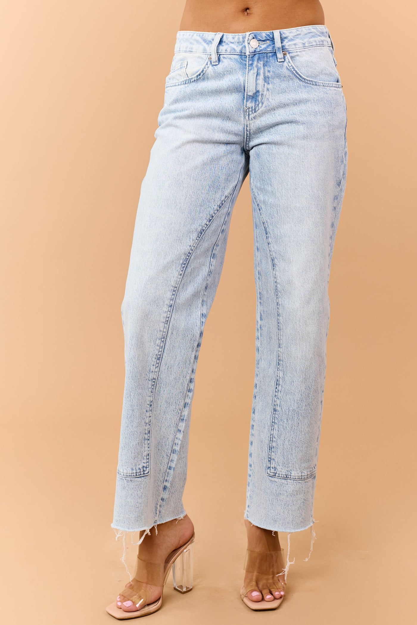 Mica Denim Light Acid Wash Raw Hem Straight Jeans