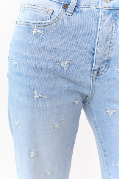 Mica Denim Light Embroidered Tummy Control Wide Jeans