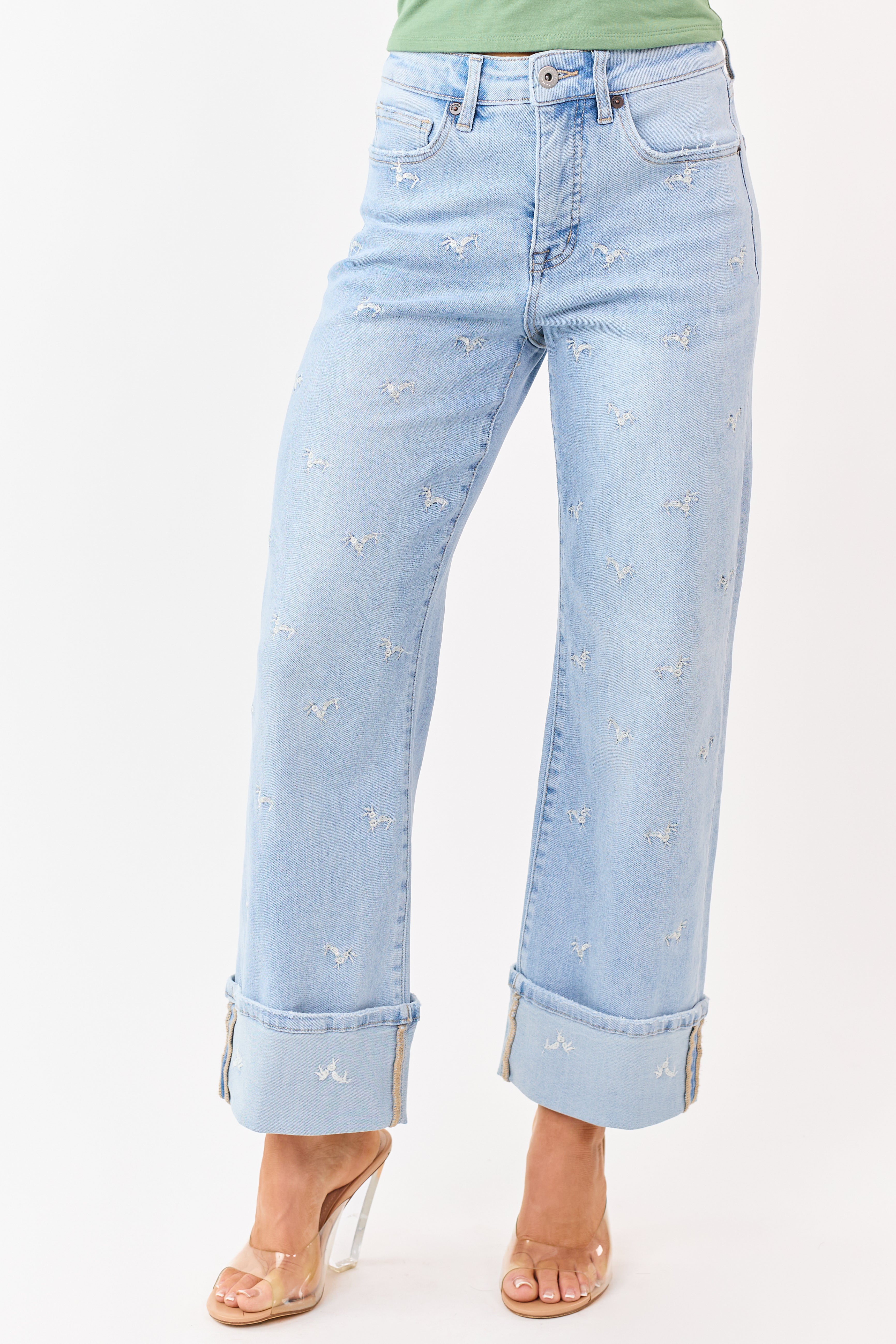 Mica Denim Light Embroidered Tummy Control Wide Jeans