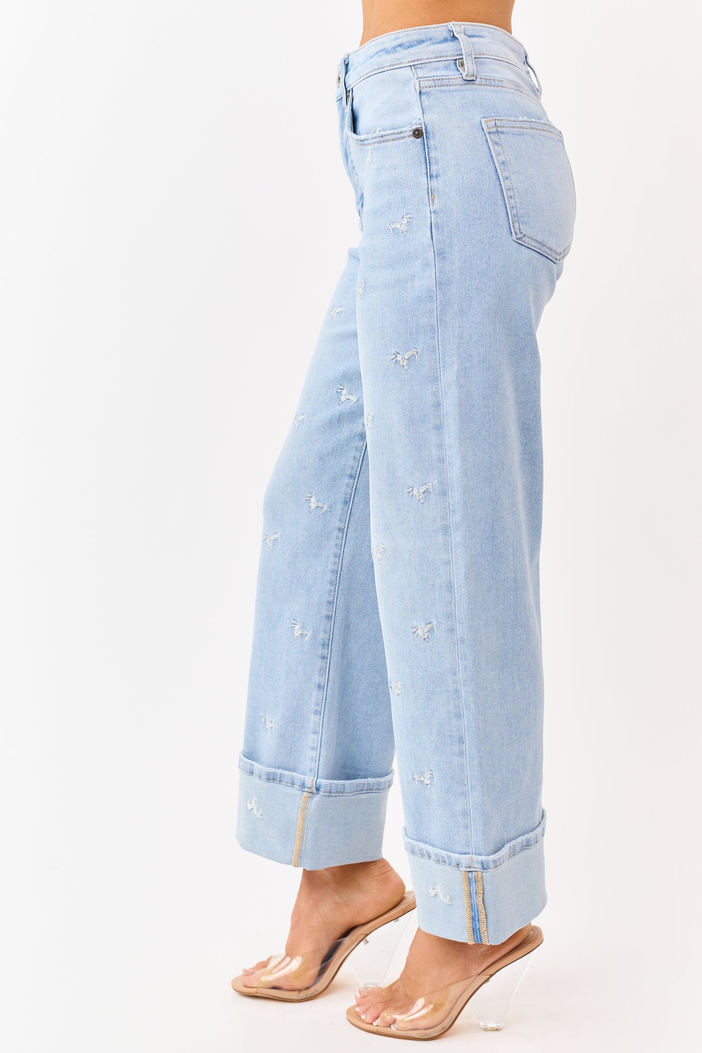 Mica Denim Light Embroidered Tummy Control Wide Jeans