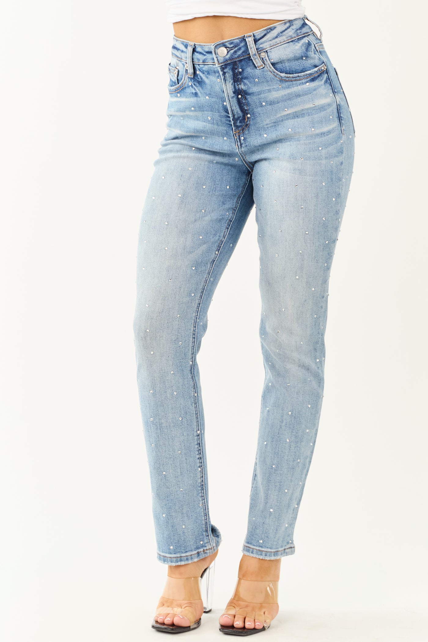 Mica Denim Light Rhinestone Stretchy Straight Jeans