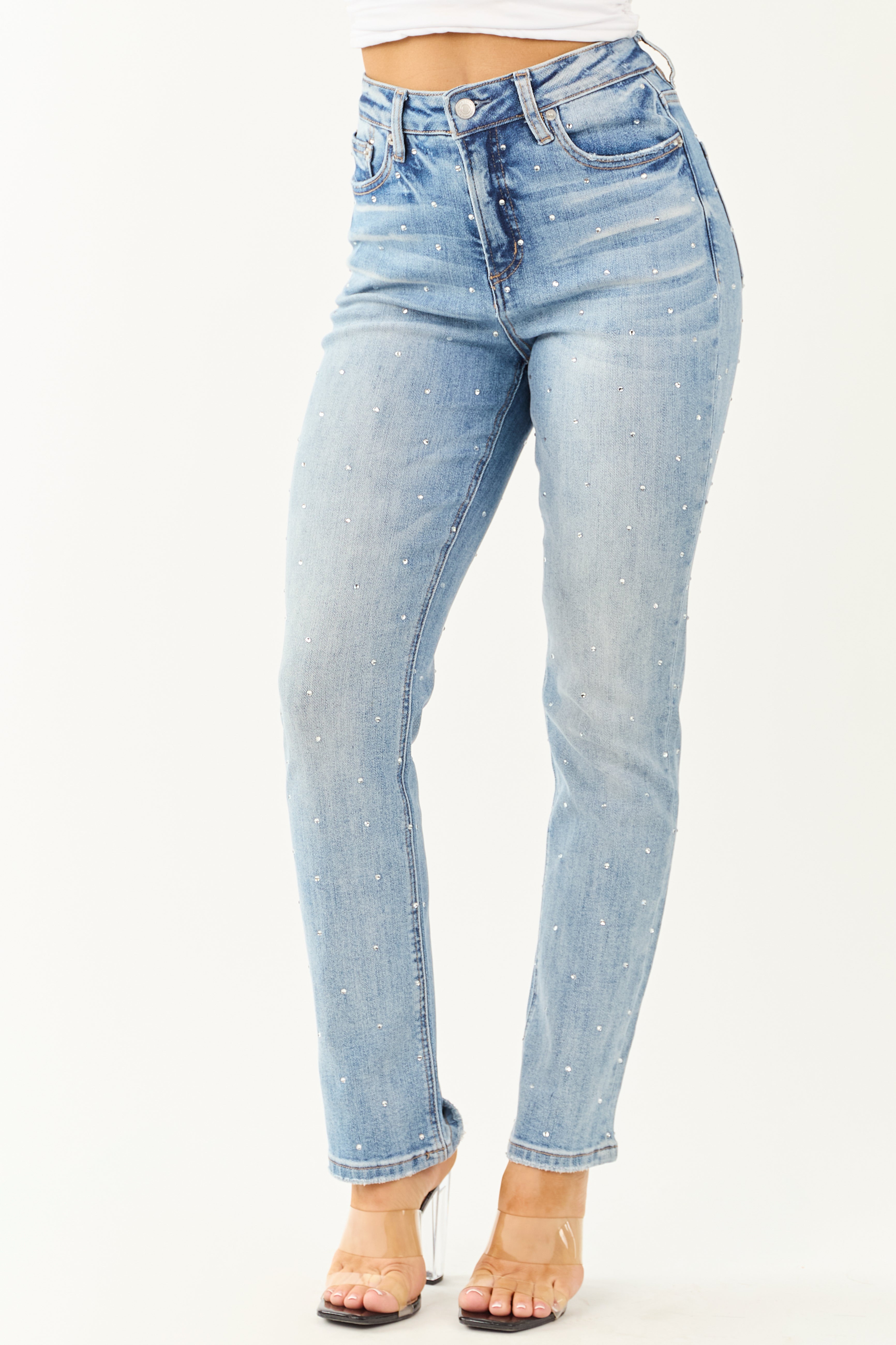 Mica Denim Light Rhinestone Stretchy Straight Jeans