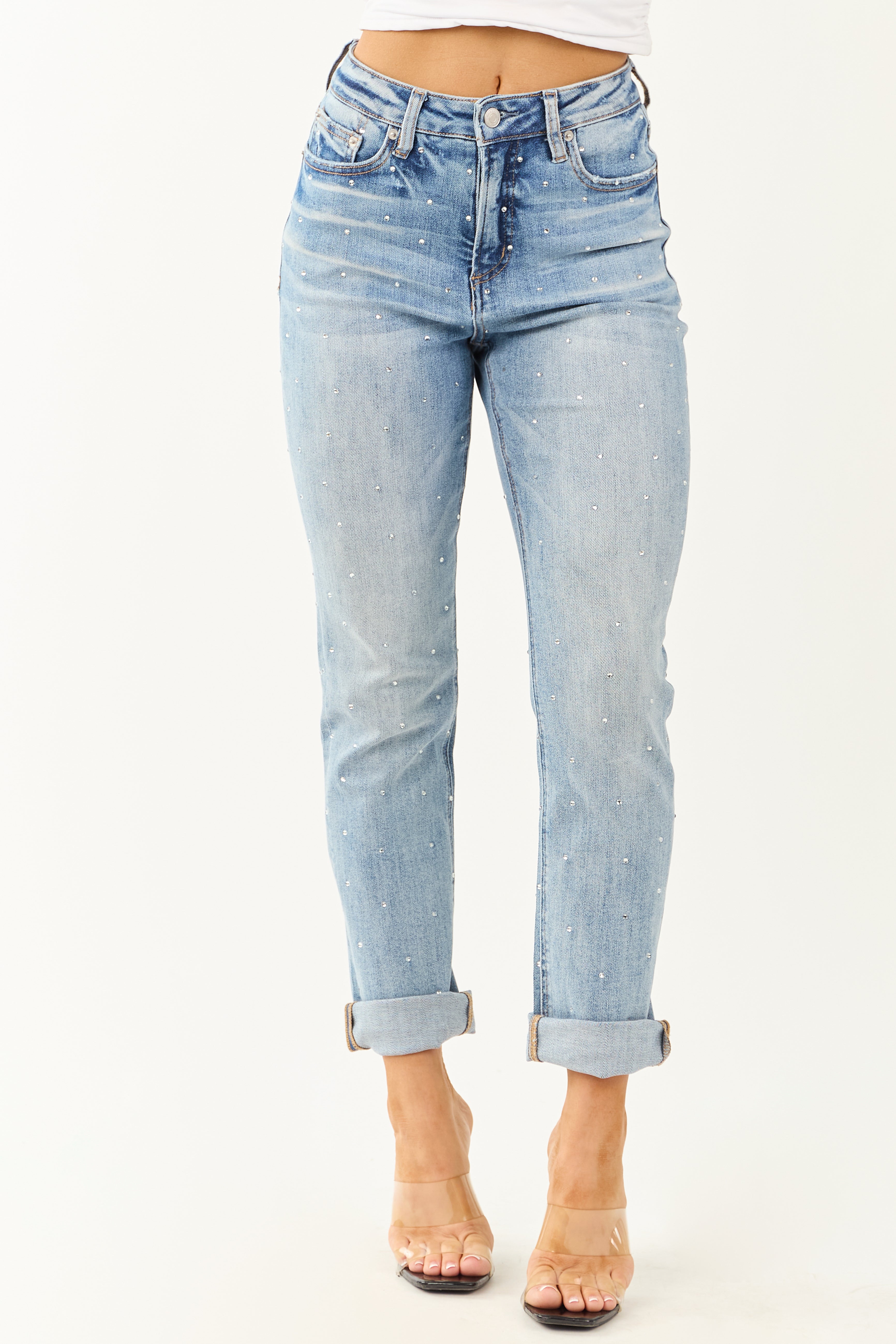 Mica Denim Light Rhinestone Stretchy Straight Jeans