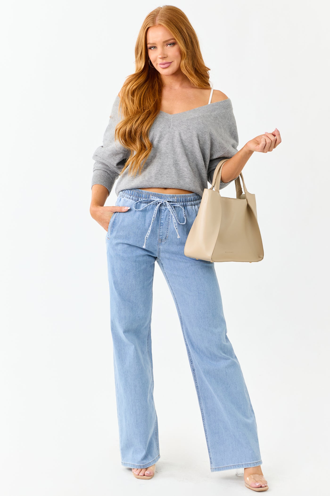 Mica Denim Light Stretchy Smocked Waist Wide Jeans
