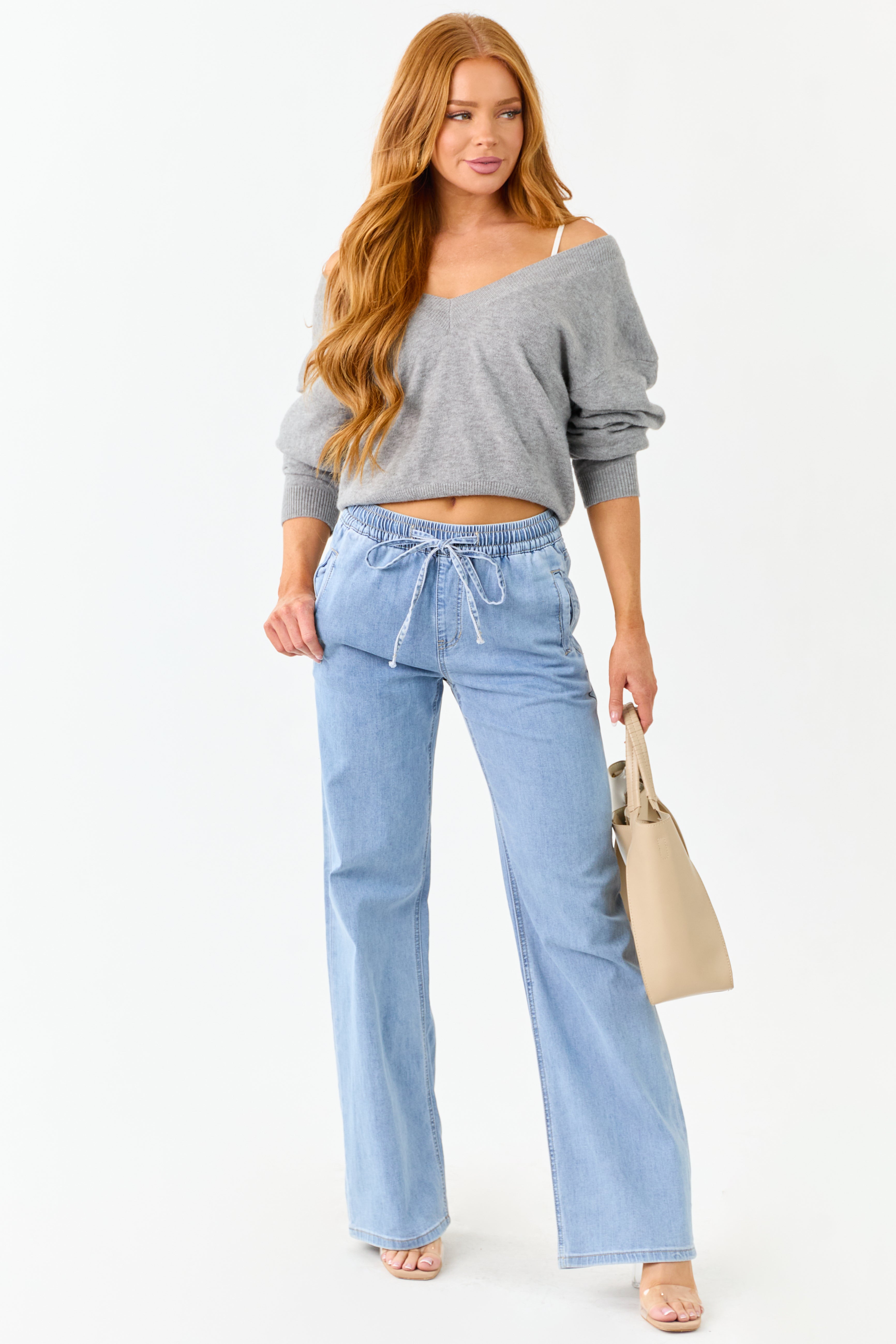 Mica Denim Light Stretchy Smocked Waist Wide Jeans