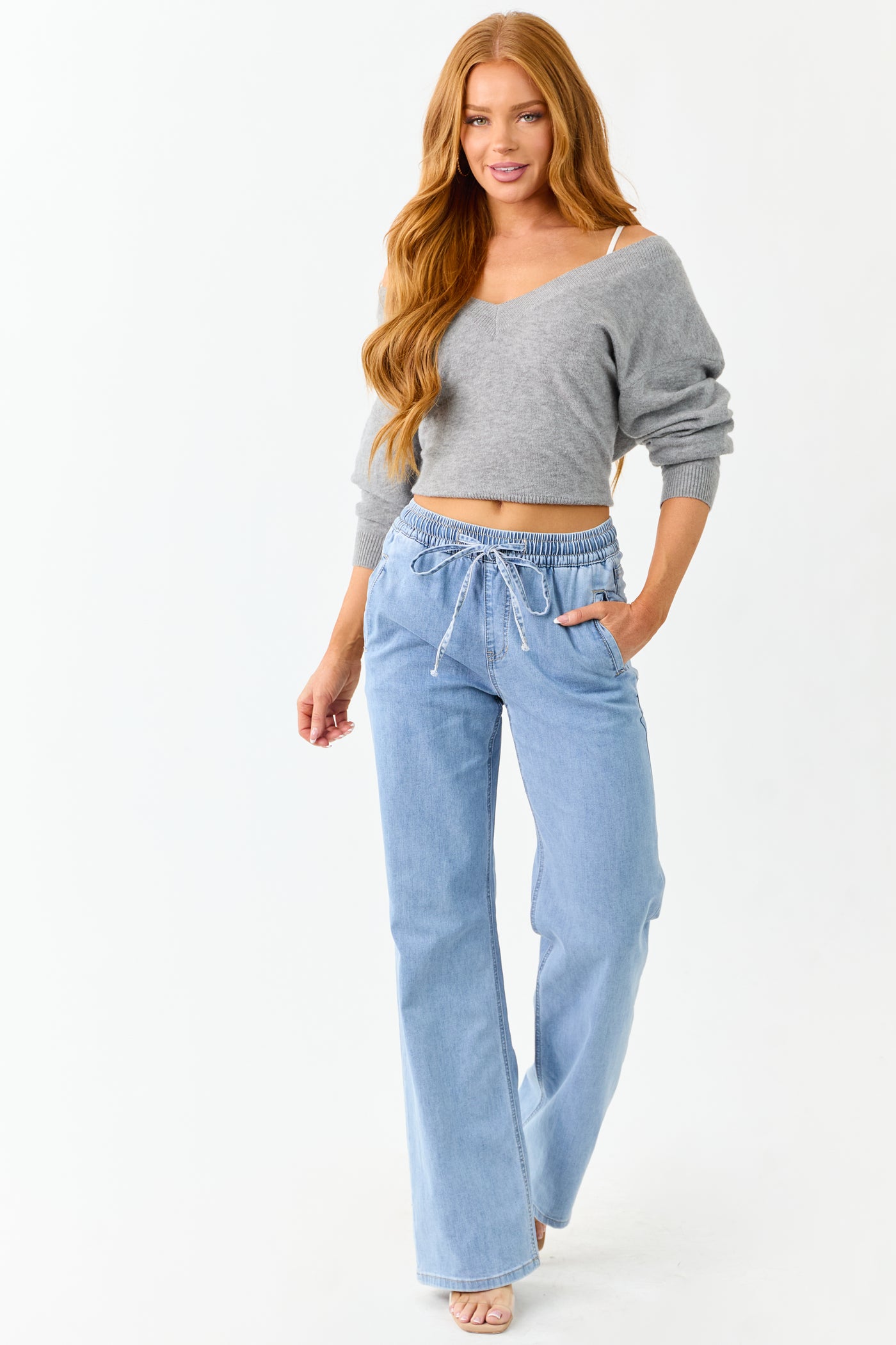Mica Denim Light Stretchy Smocked Waist Wide Jeans