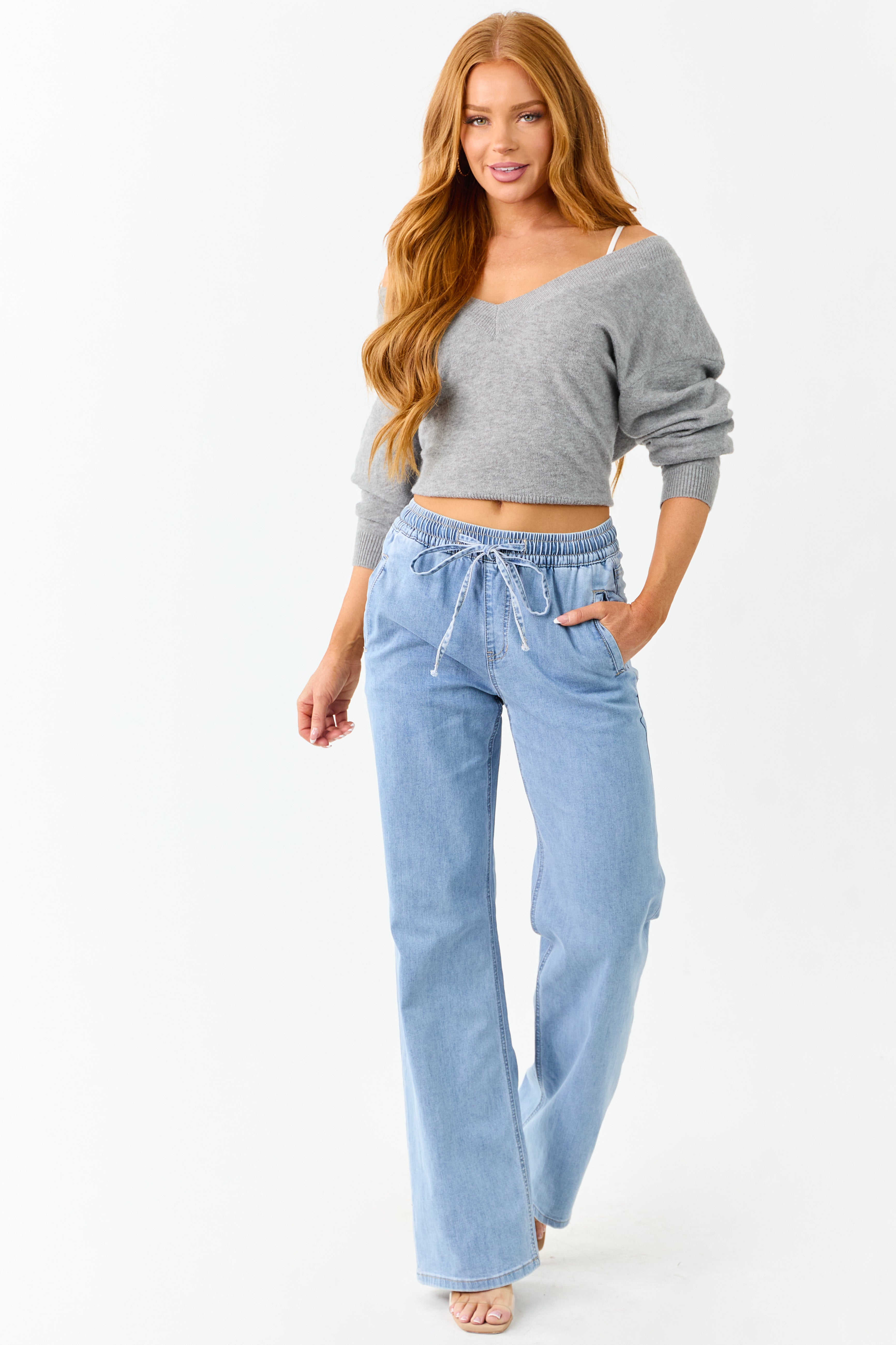 Mica Denim Light Stretchy Smocked Waist Wide Jeans