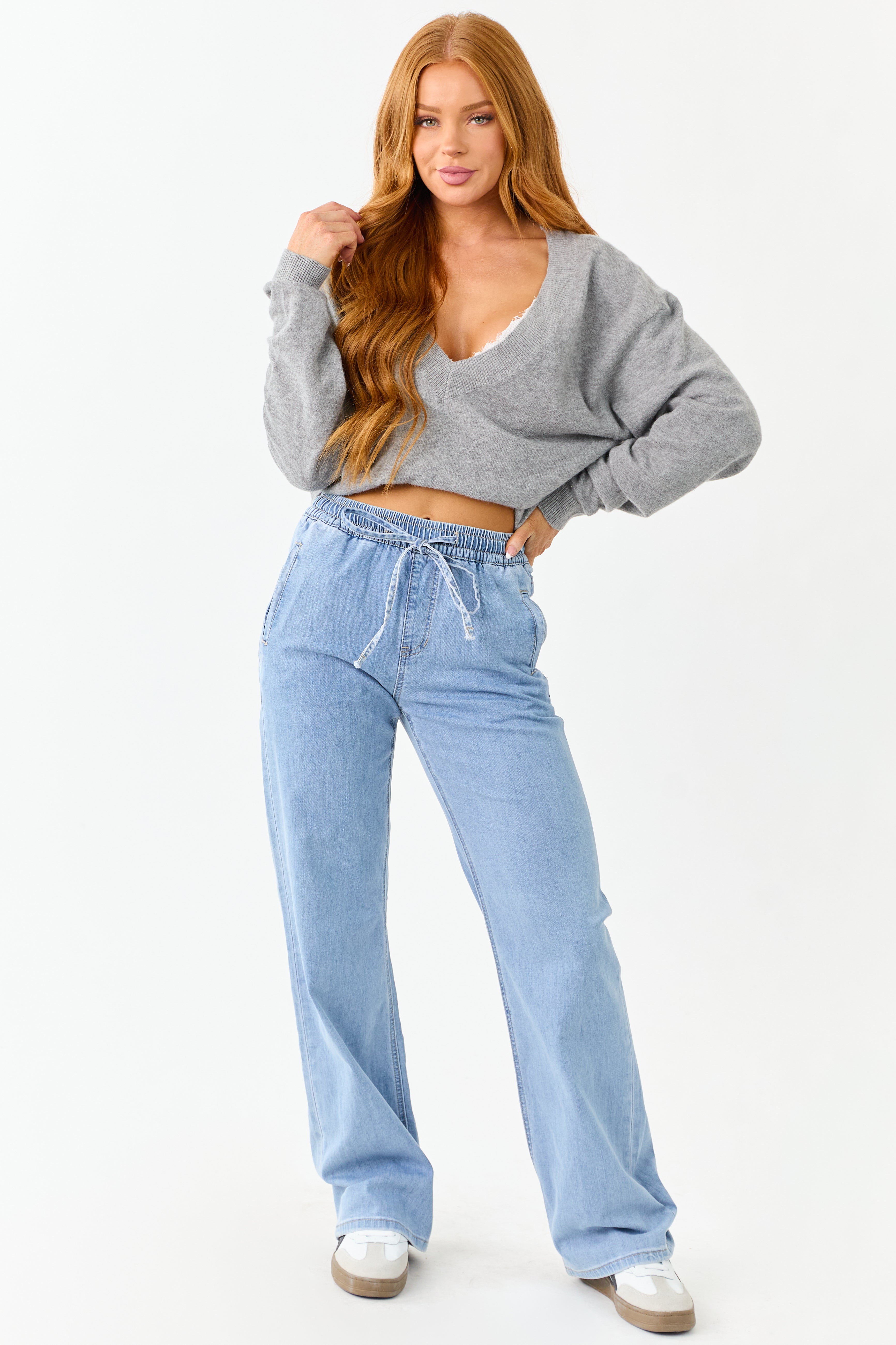 Mica Denim Light Stretchy Smocked Waist Wide Jeans | Lime Lush