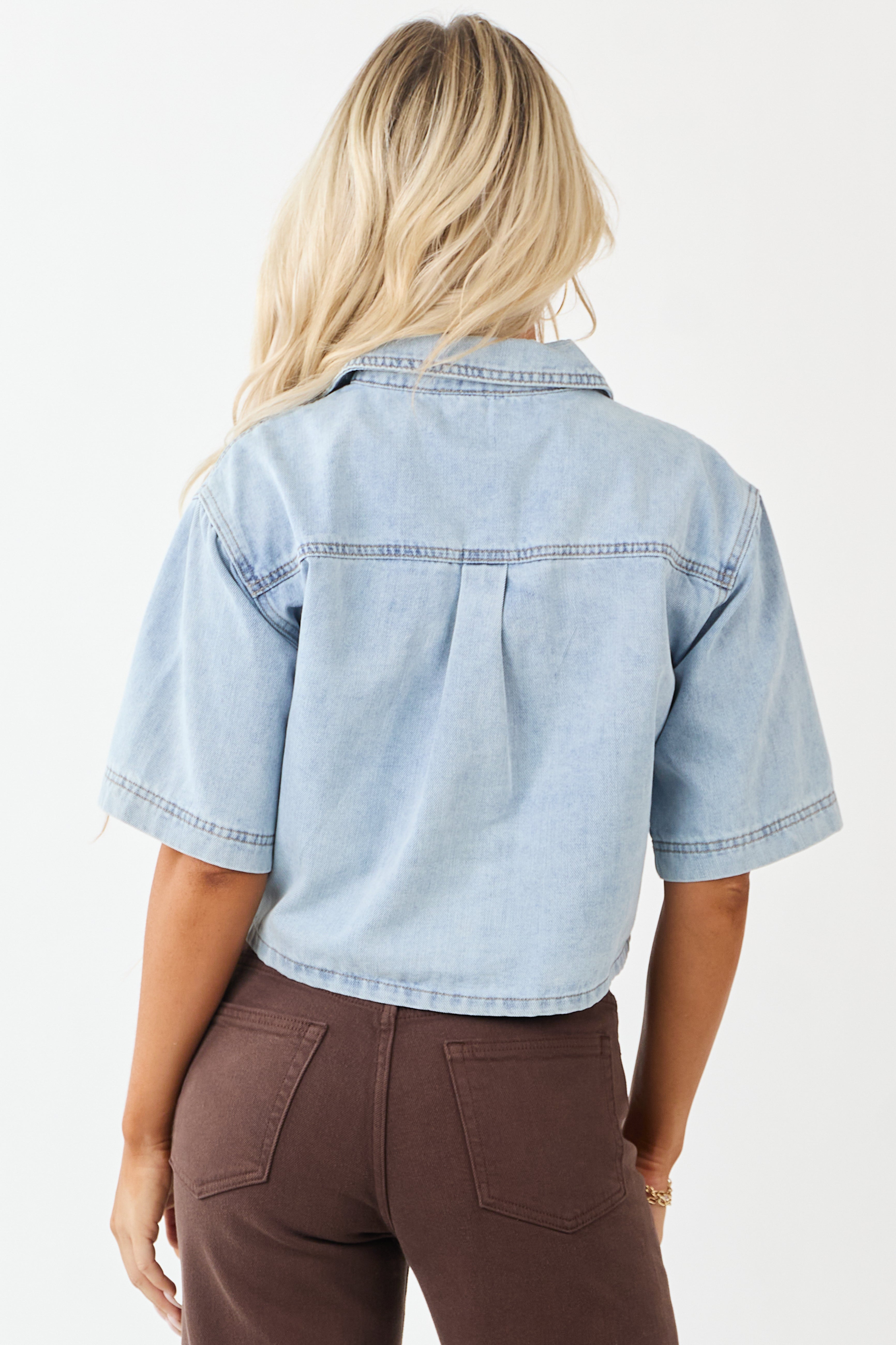 Mica Denim Light Wash Button Down Half Sleeve Top