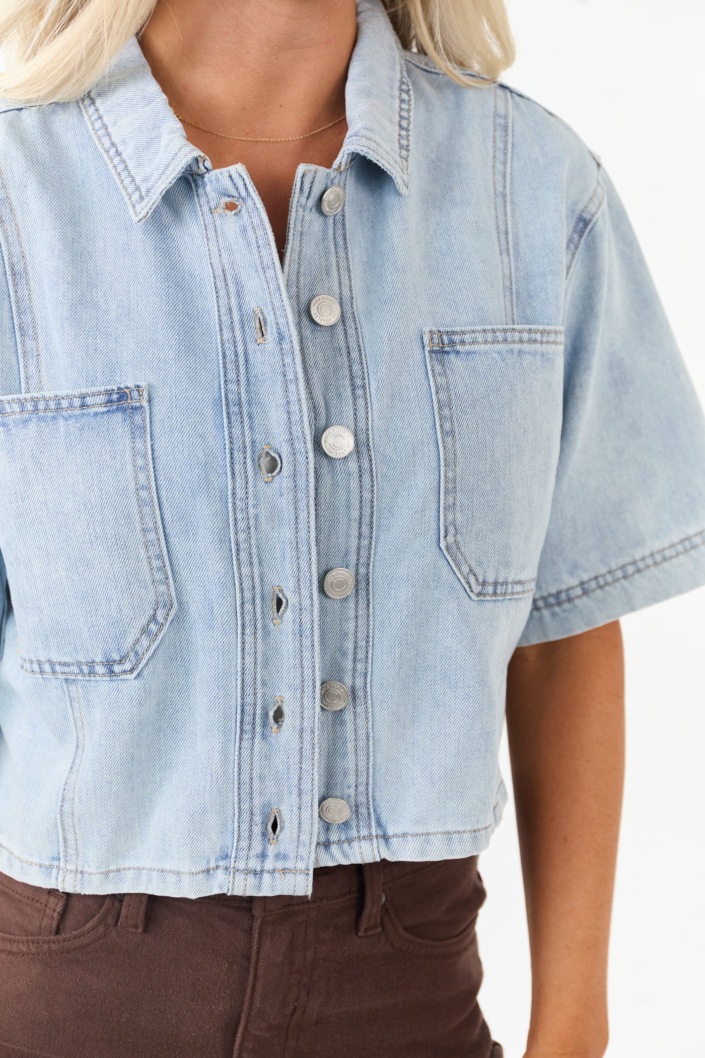 Mica Denim Light Wash Button Down Half Sleeve Top