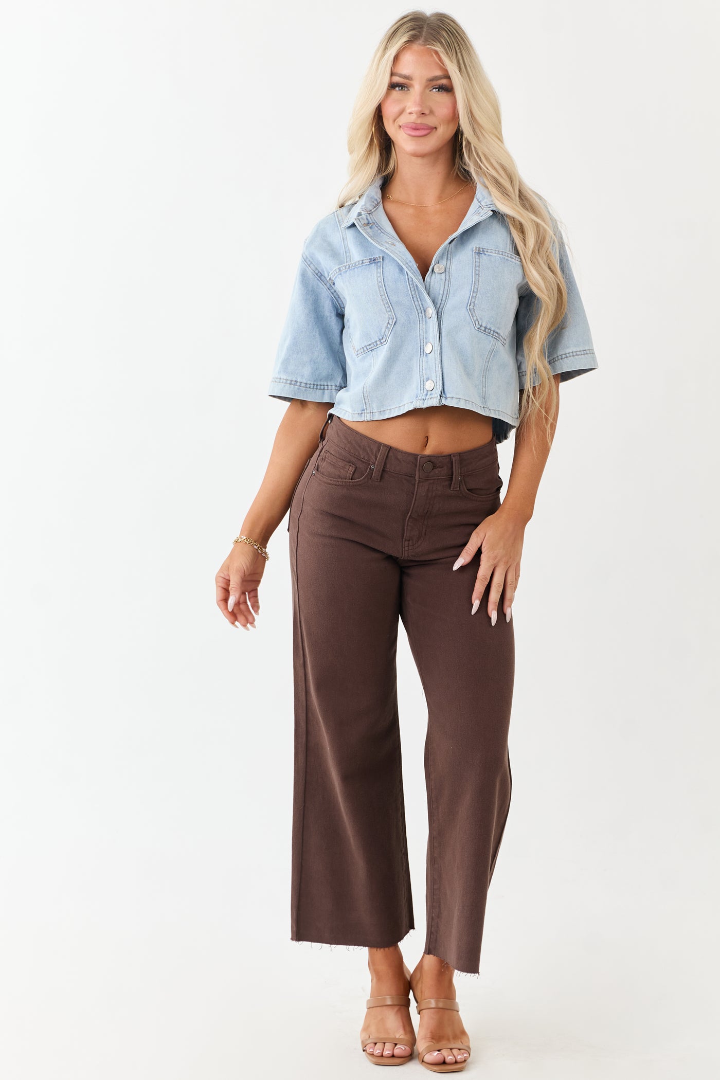Mica Denim Light Wash Button Down Half Sleeve Top