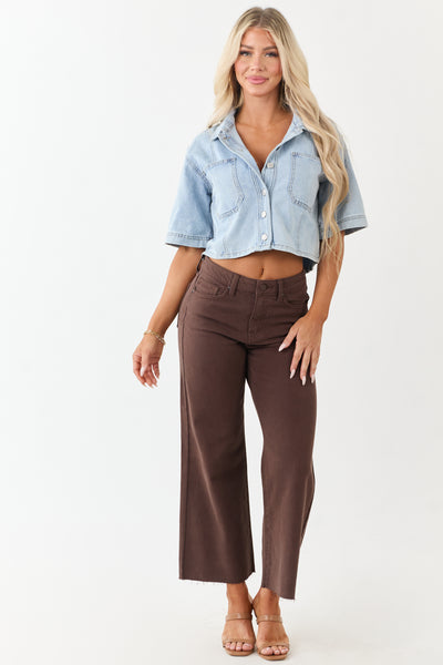 Mica Denim Light Wash Button Down Half Sleeve Top
