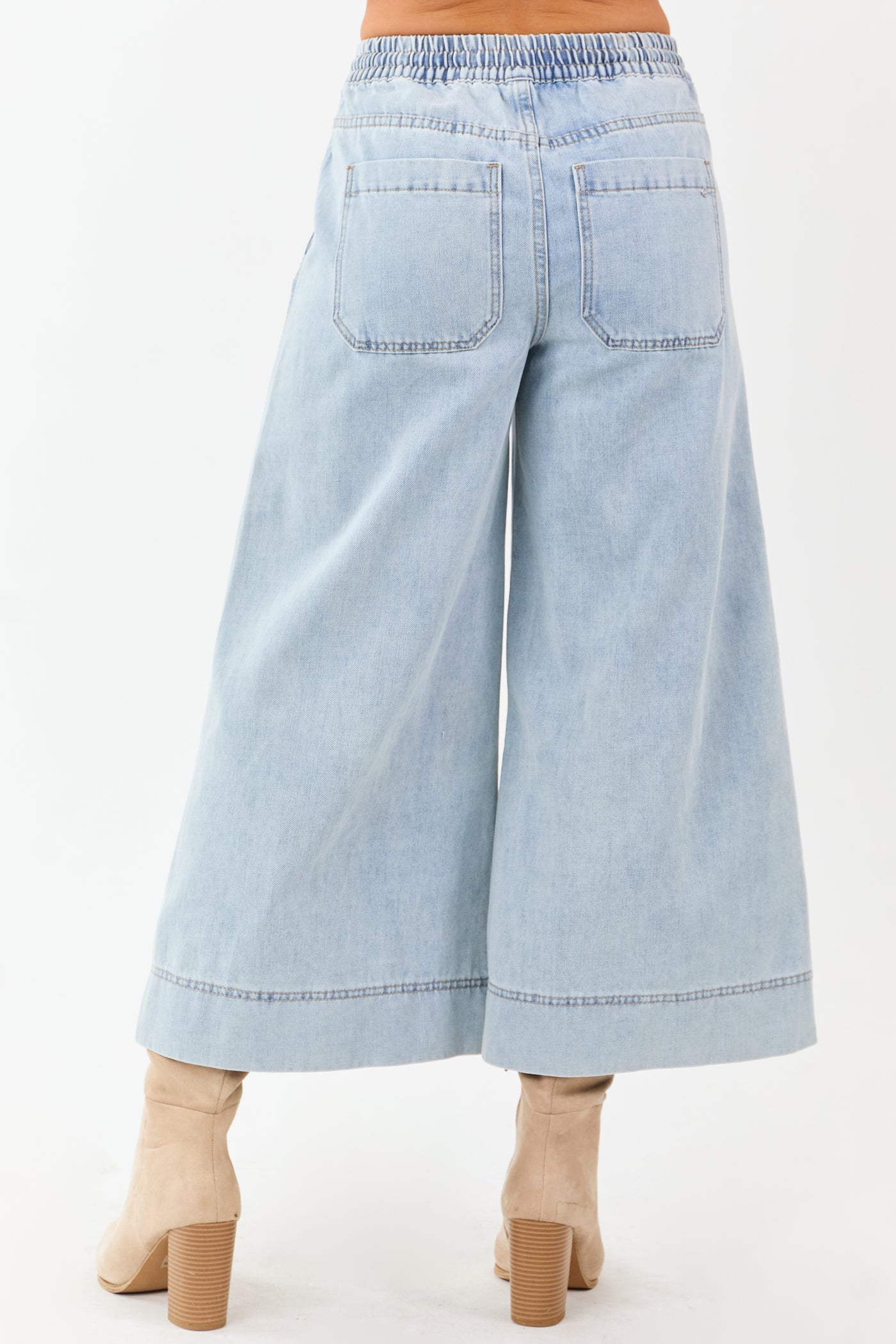Mica Denim Light Wash Drawstring Wide Capri Jeans