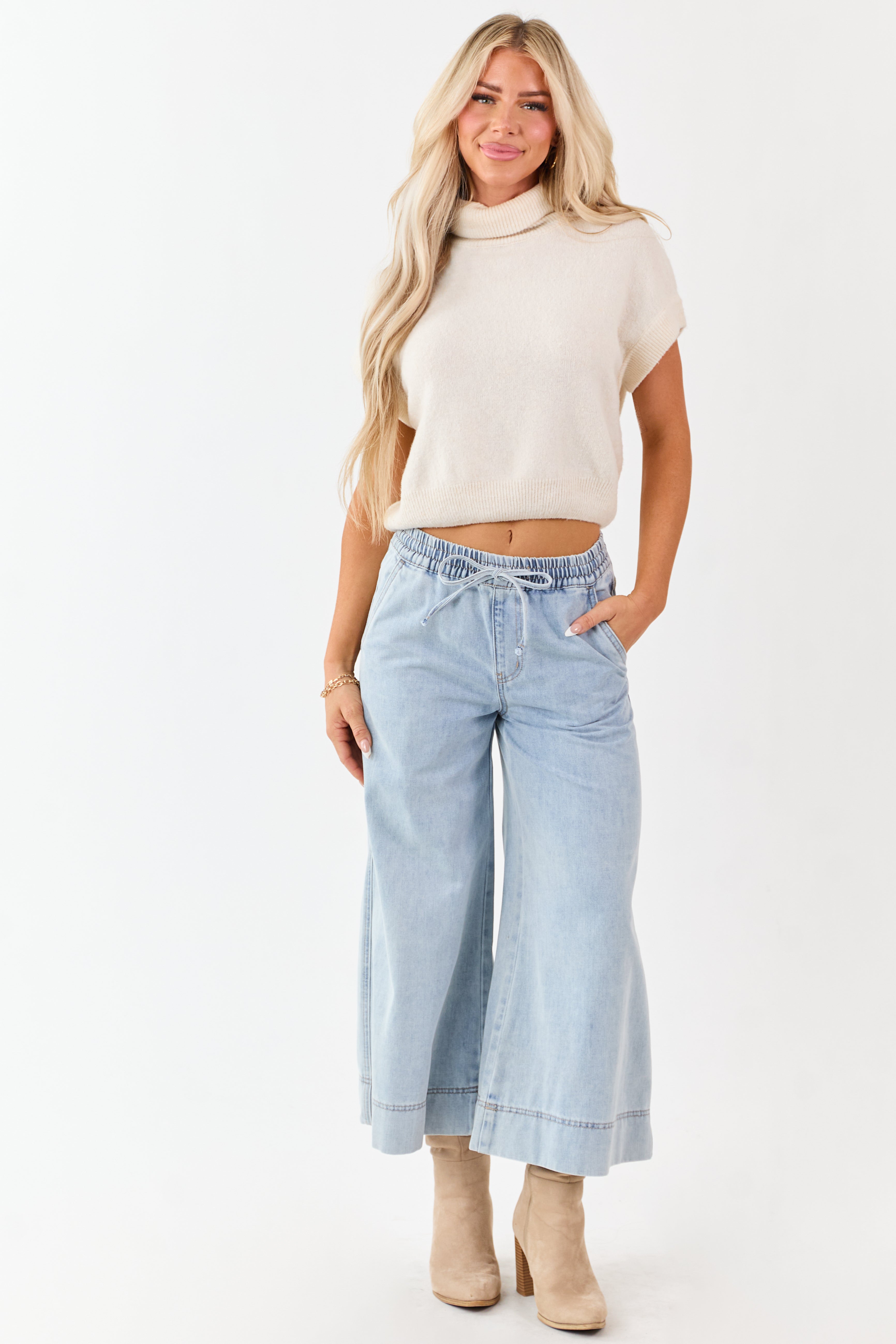 Mica Denim Light Wash Drawstring Wide Capri Jeans