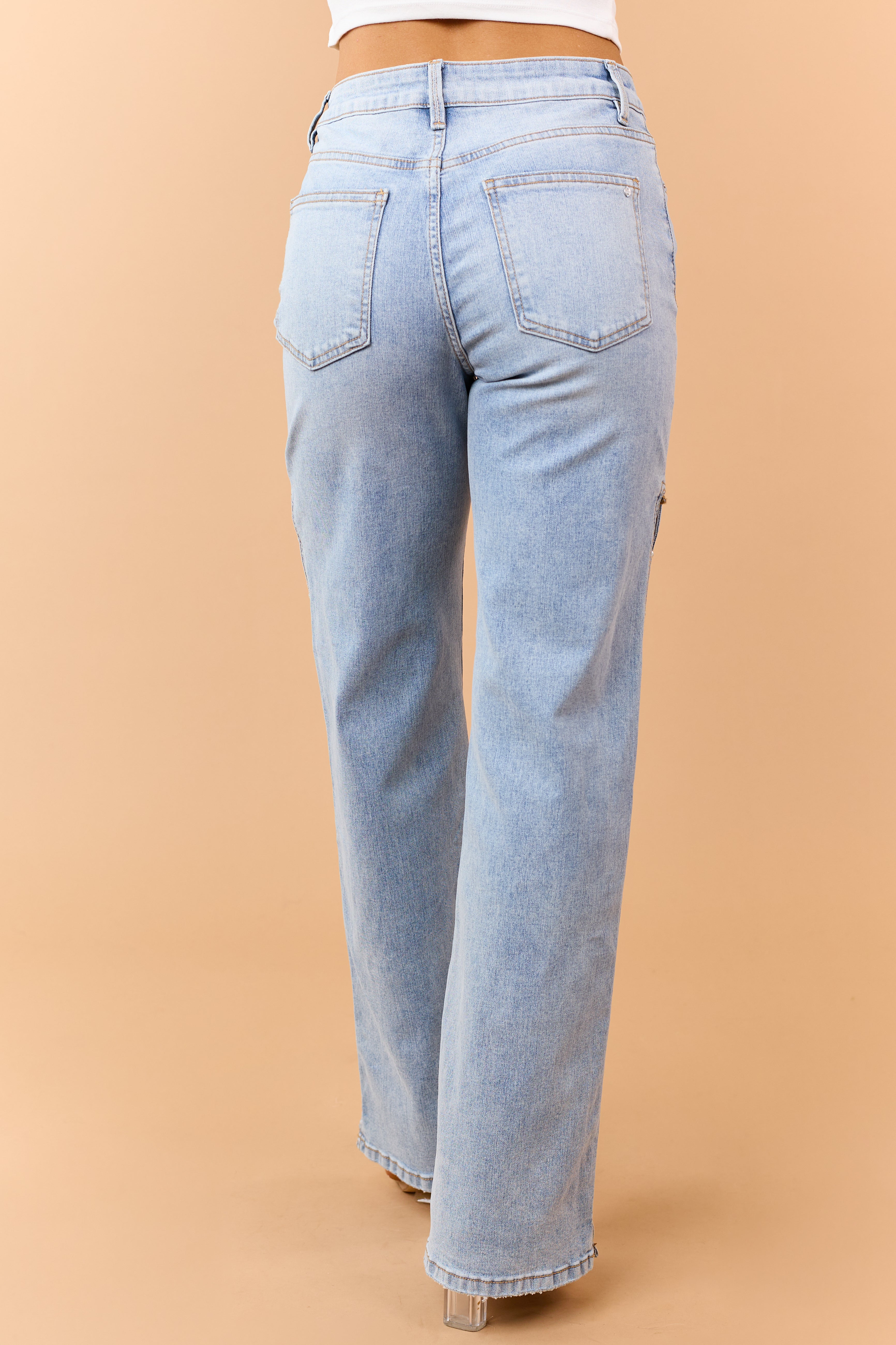 Mica Denim Light Wash Pearl Side Slit Wide Leg Jeans