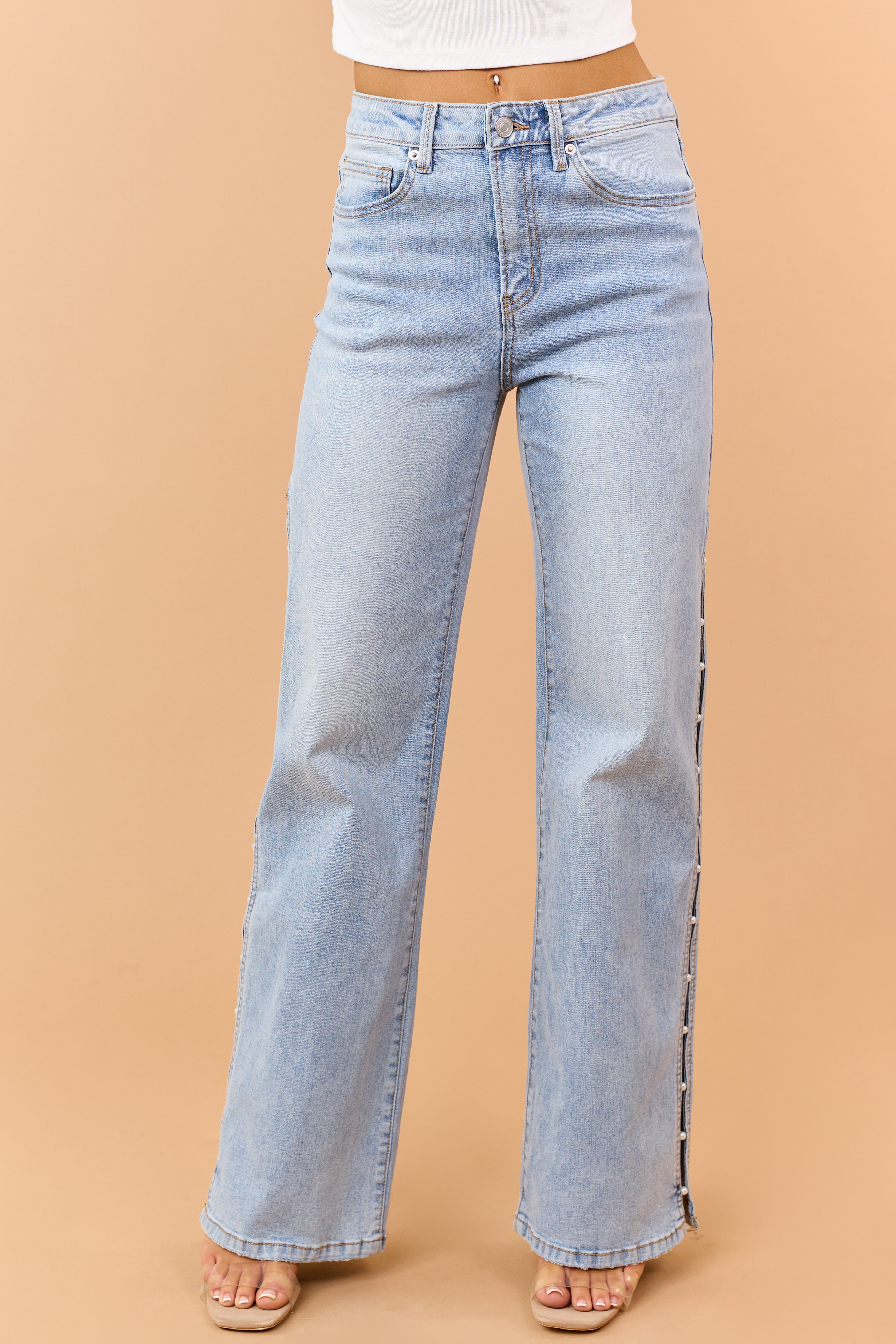 Mica Denim Light Wash Pearl Side Slit Wide Leg Jeans