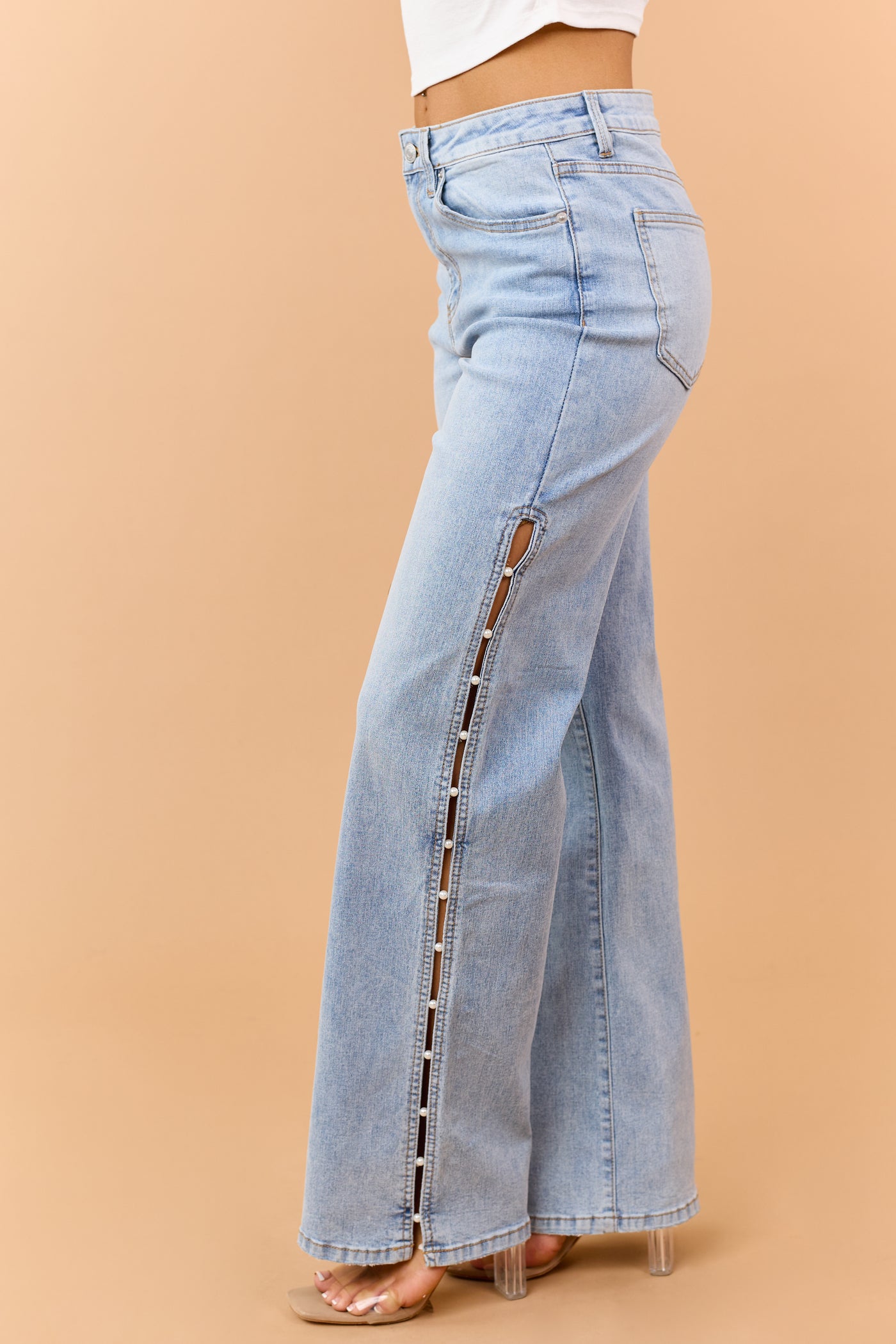 Mica Denim Light Wash Pearl Side Slit Wide Leg Jeans
