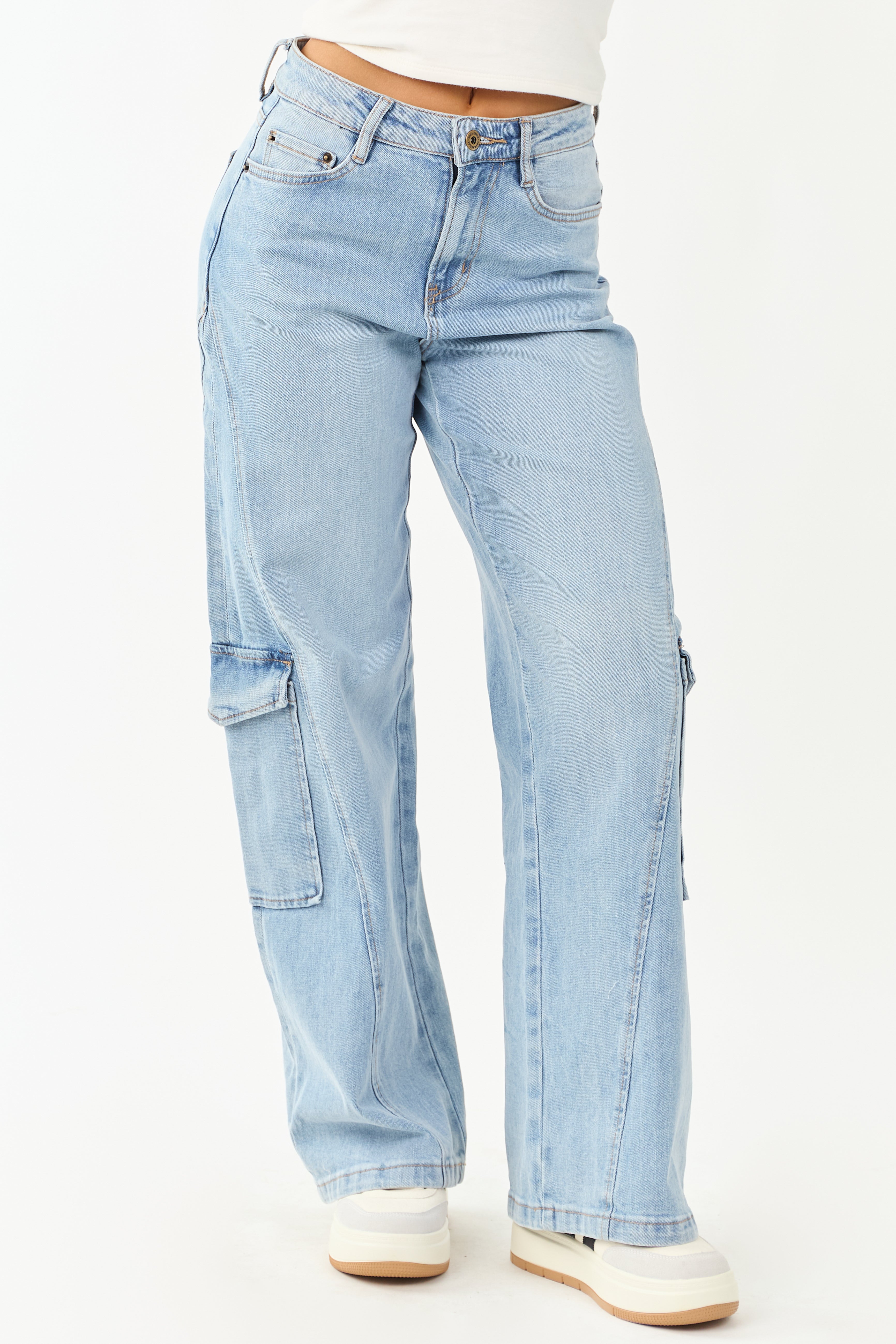 Mica Denim Light Wash Wide Leg Cargo Jeans