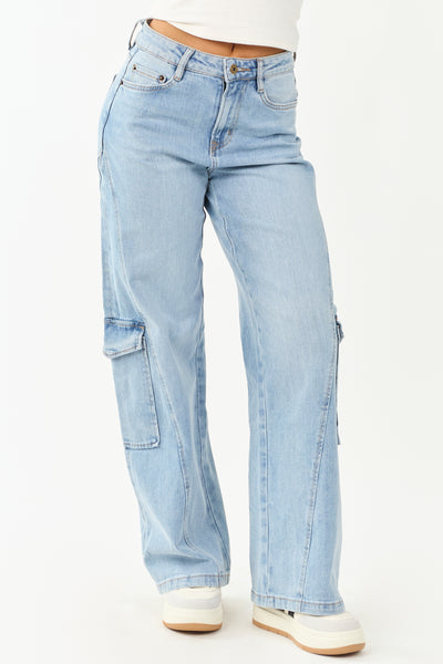 Mica Denim Light Wash Wide Leg Cargo Jeans