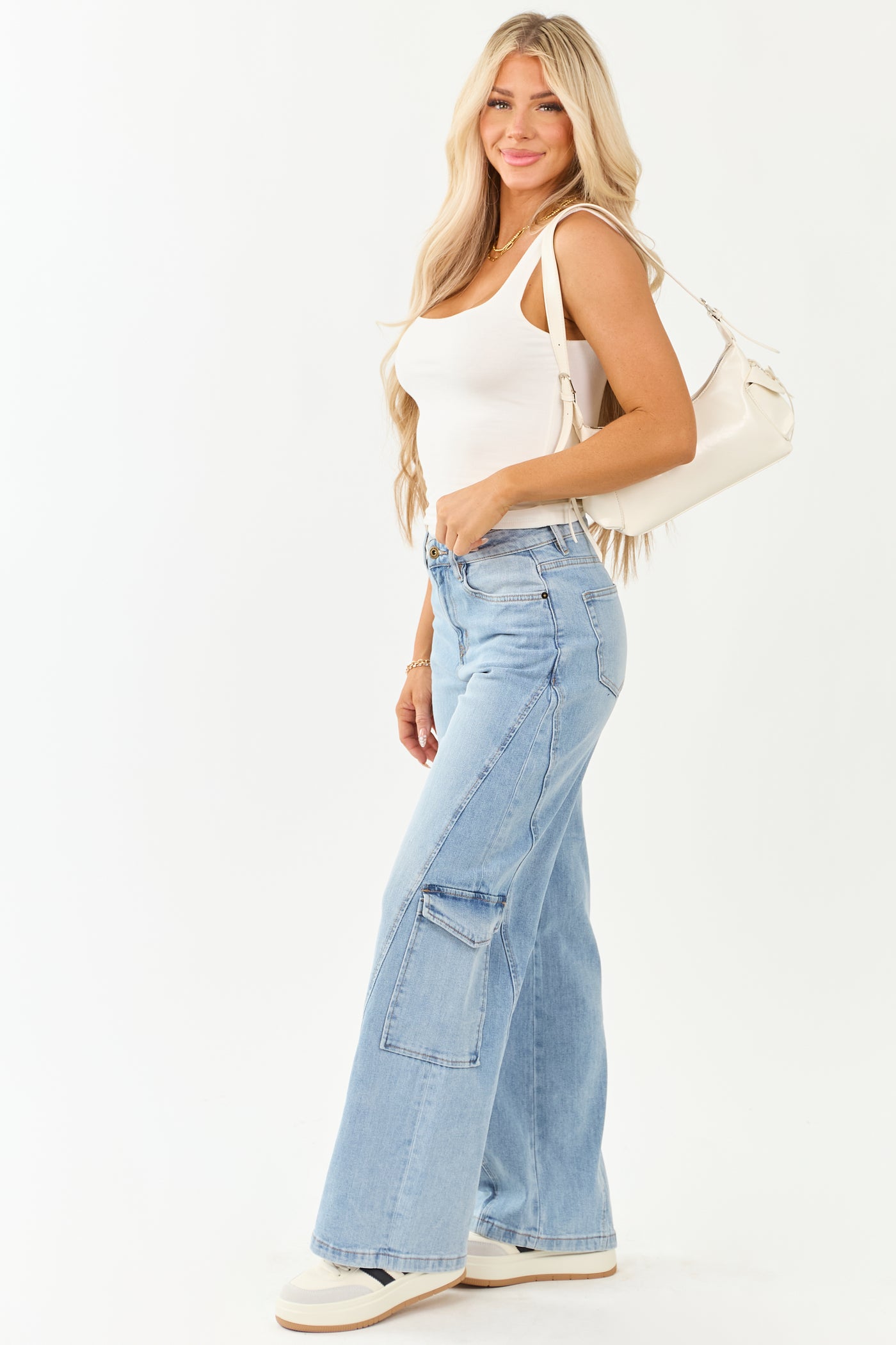 Mica Denim Light Wash Wide Leg Cargo Jeans