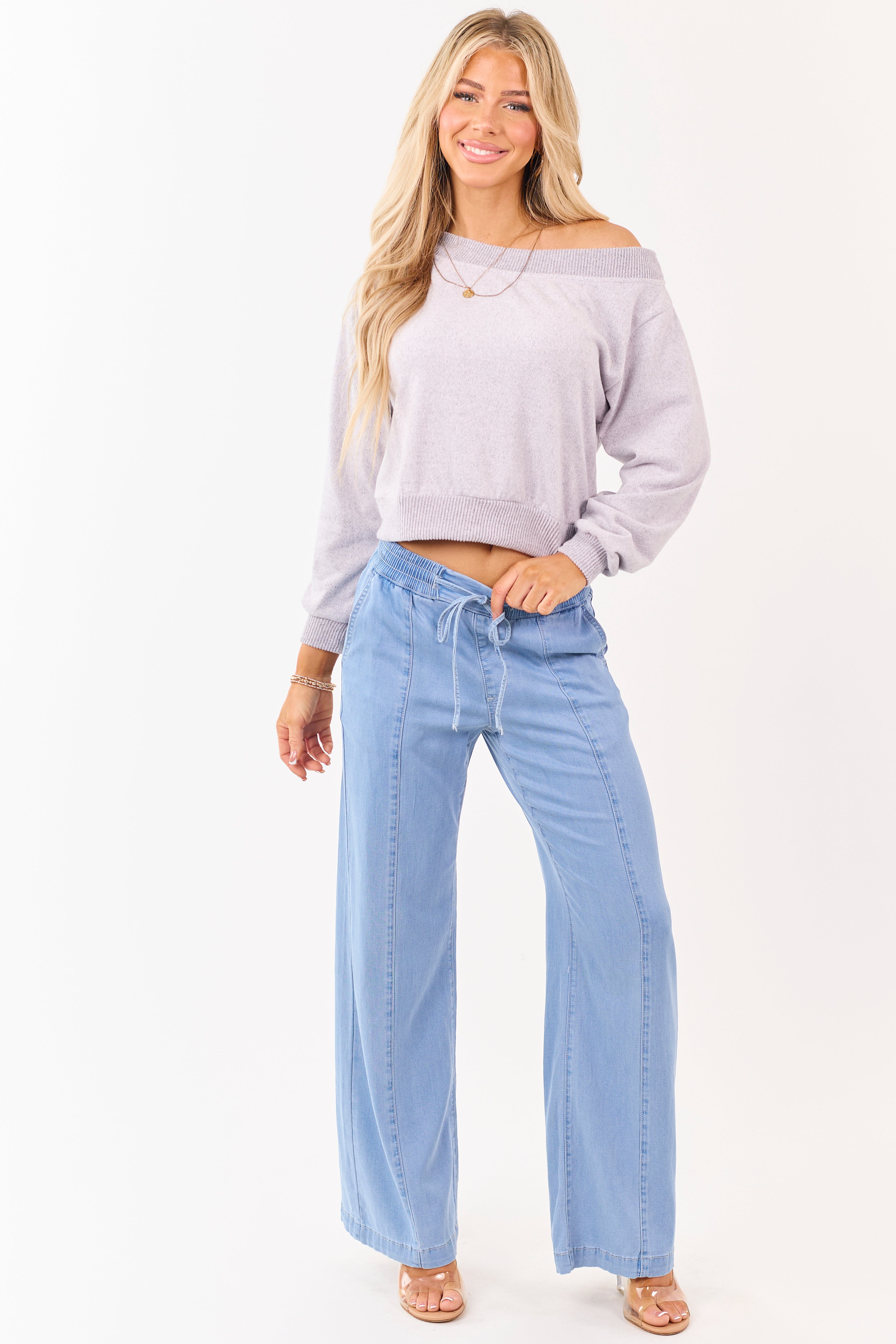 Mica Denim Light Wash Wide Leg Chambray Pants