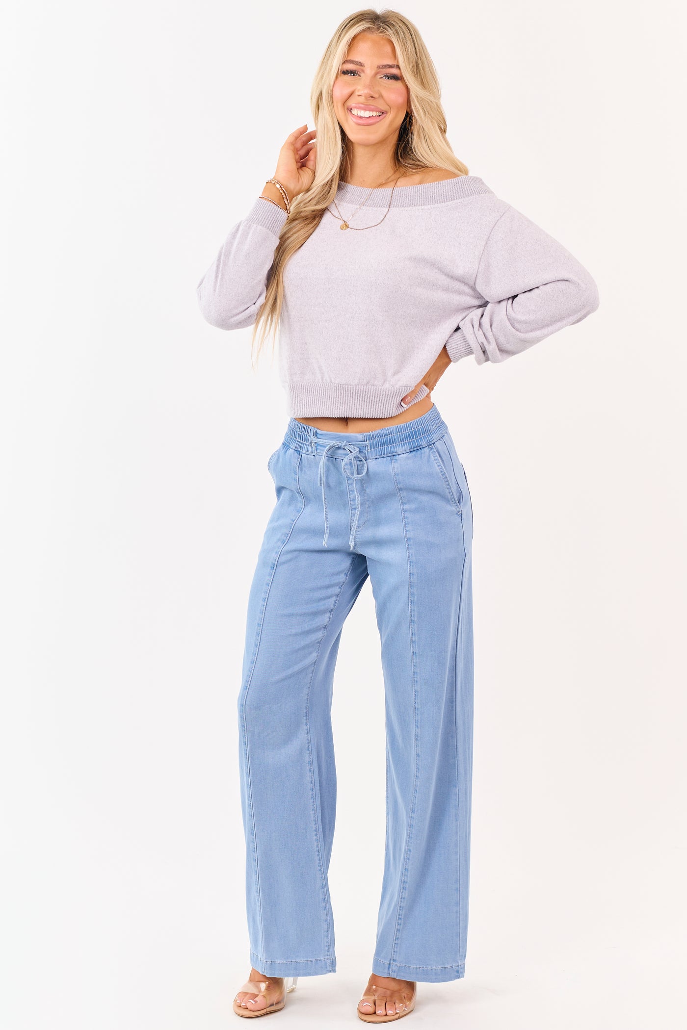 Mica Denim Light Wash Wide Leg Chambray Pants