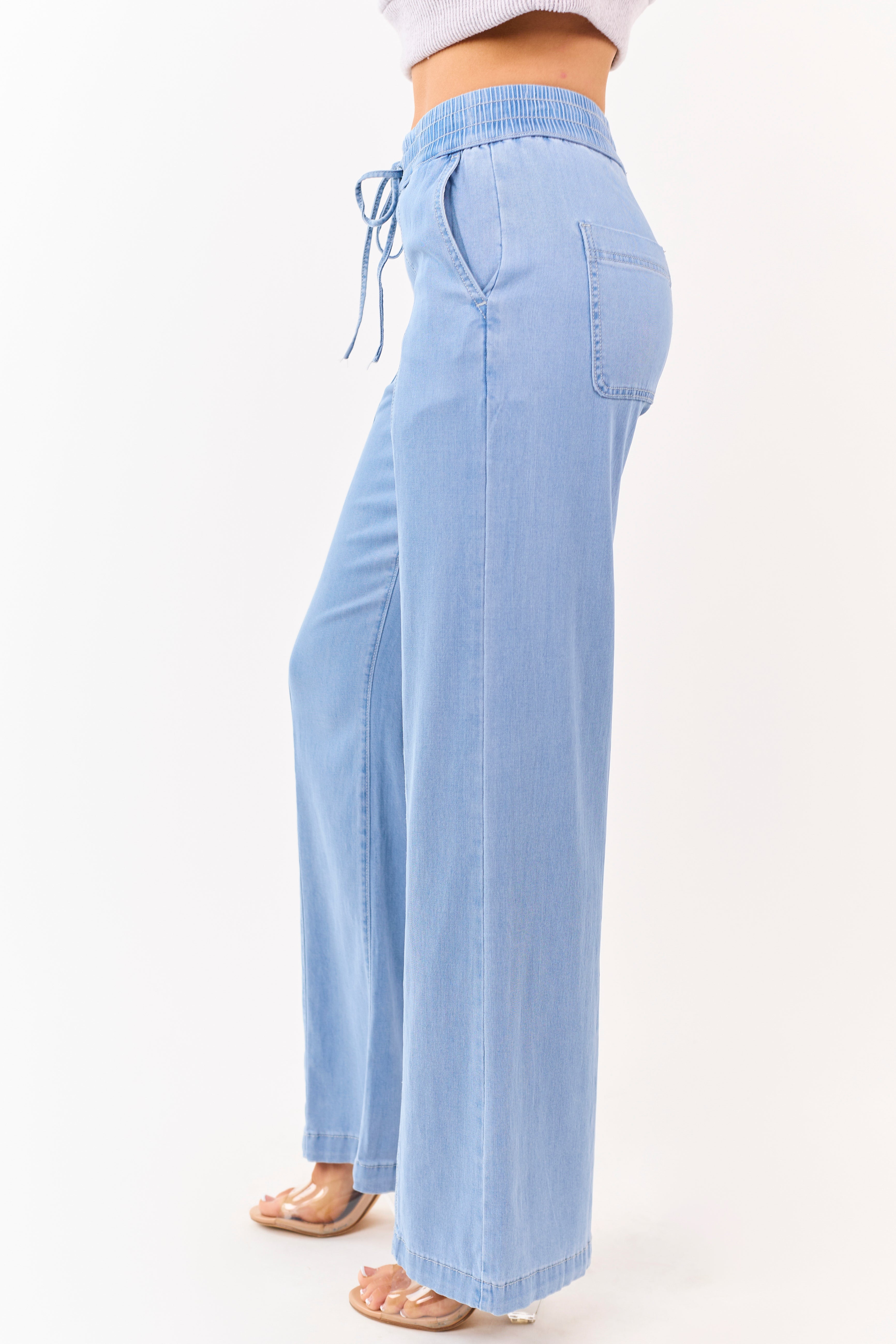 Mica Denim Light Wash Wide Leg Chambray Pants | Lime Lush Boutique