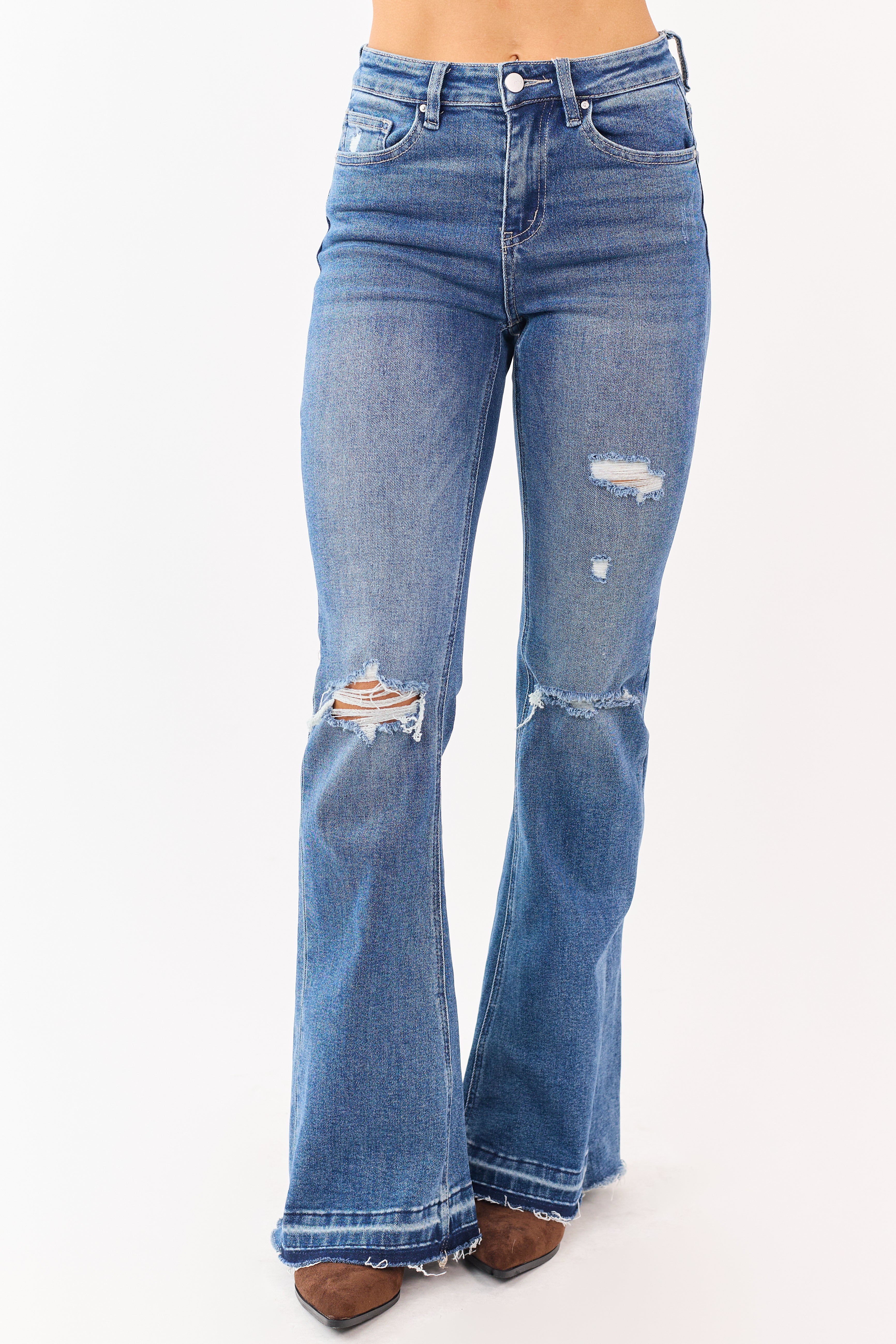 Mica Denim Medium Distressed Stretchy Flare Jeans | Lime Lush Boutique