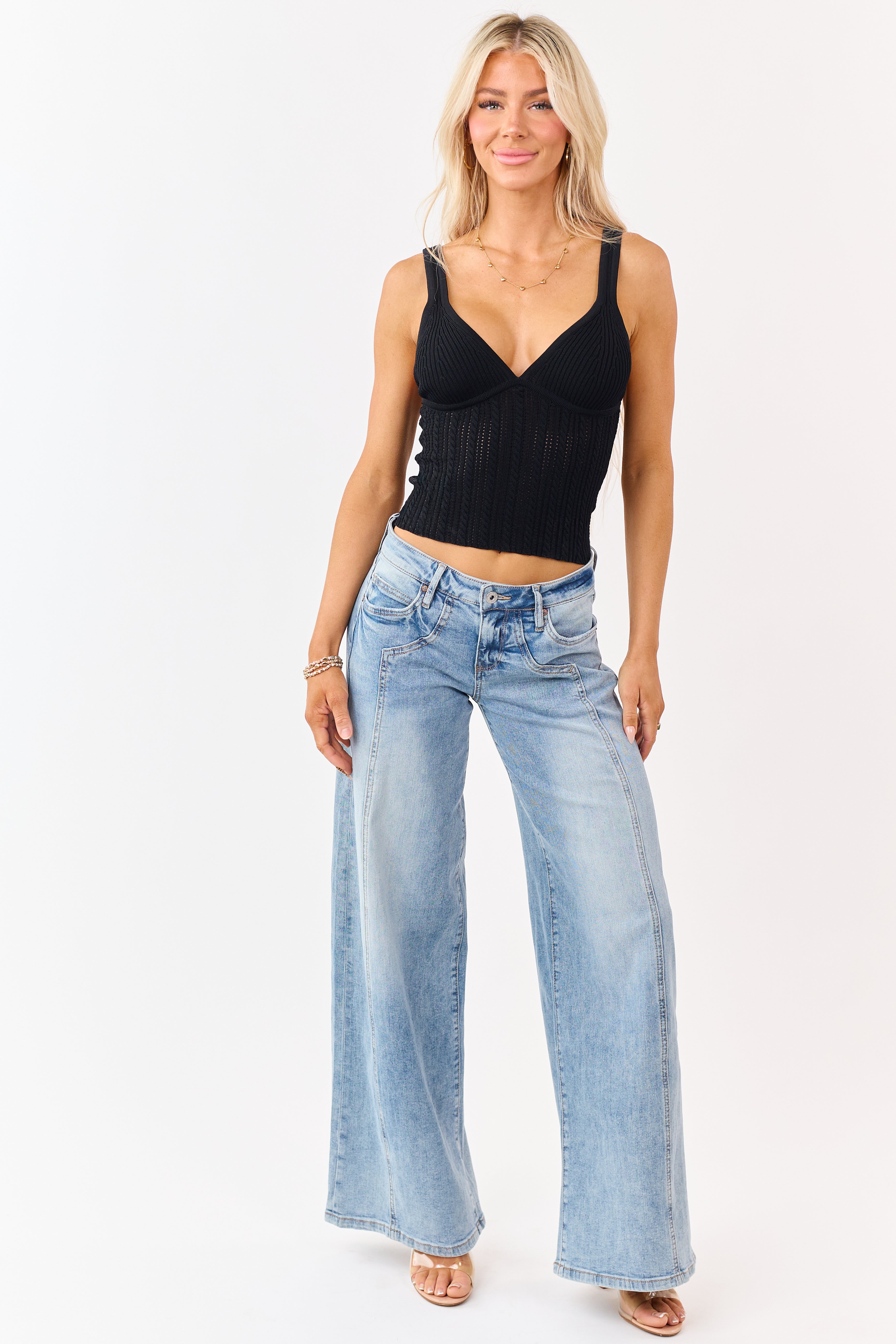 【PELLICULE】lacybelt motif denim Mica Denim Medium Side Panel Wide Stretch Jeans | Lime Lush Boutique