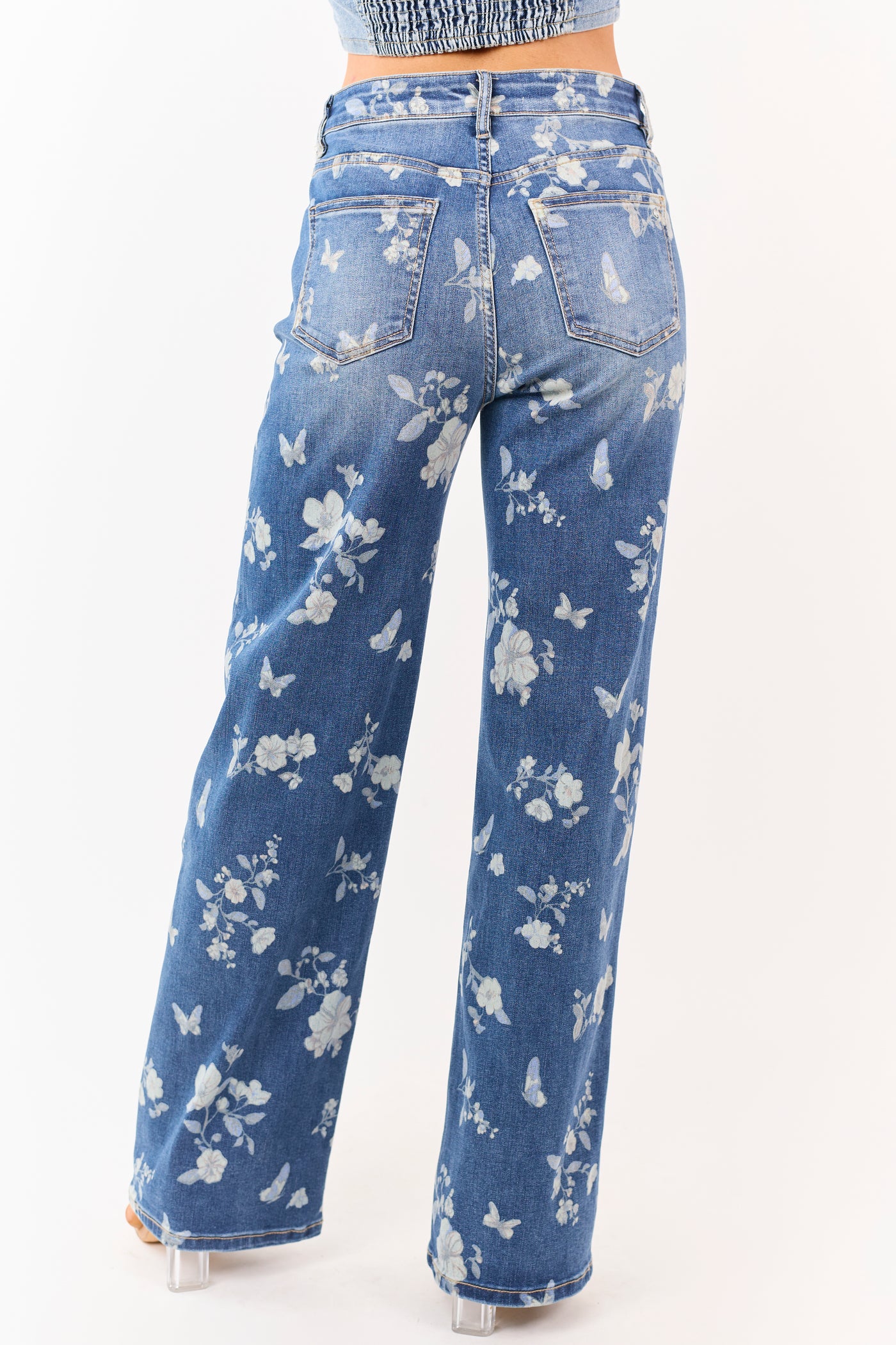 Mica Denim Medium Wash Floral Stretchy Wide Leg Jeans