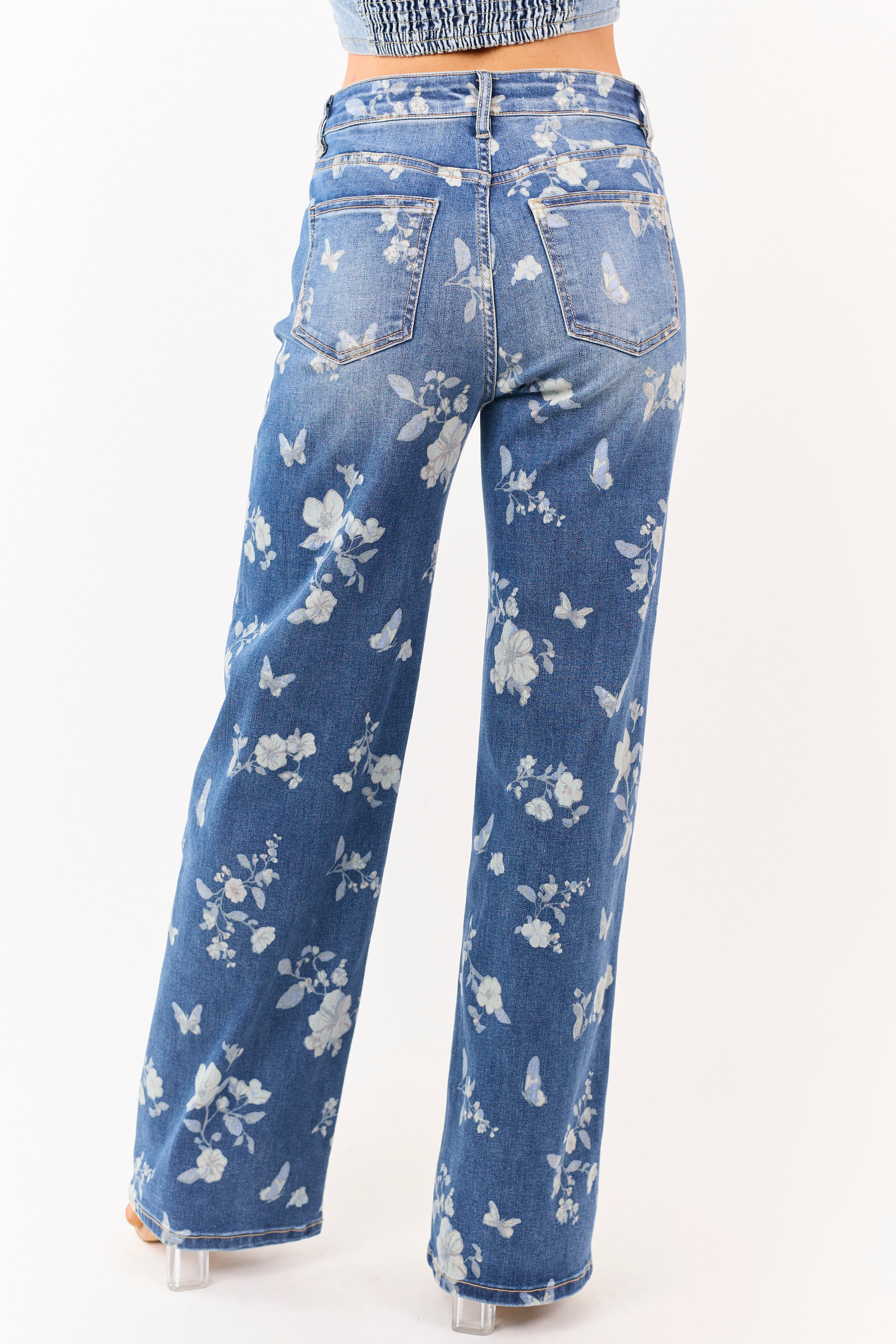 Mica Denim Medium Wash Floral Stretchy Wide Leg Jeans