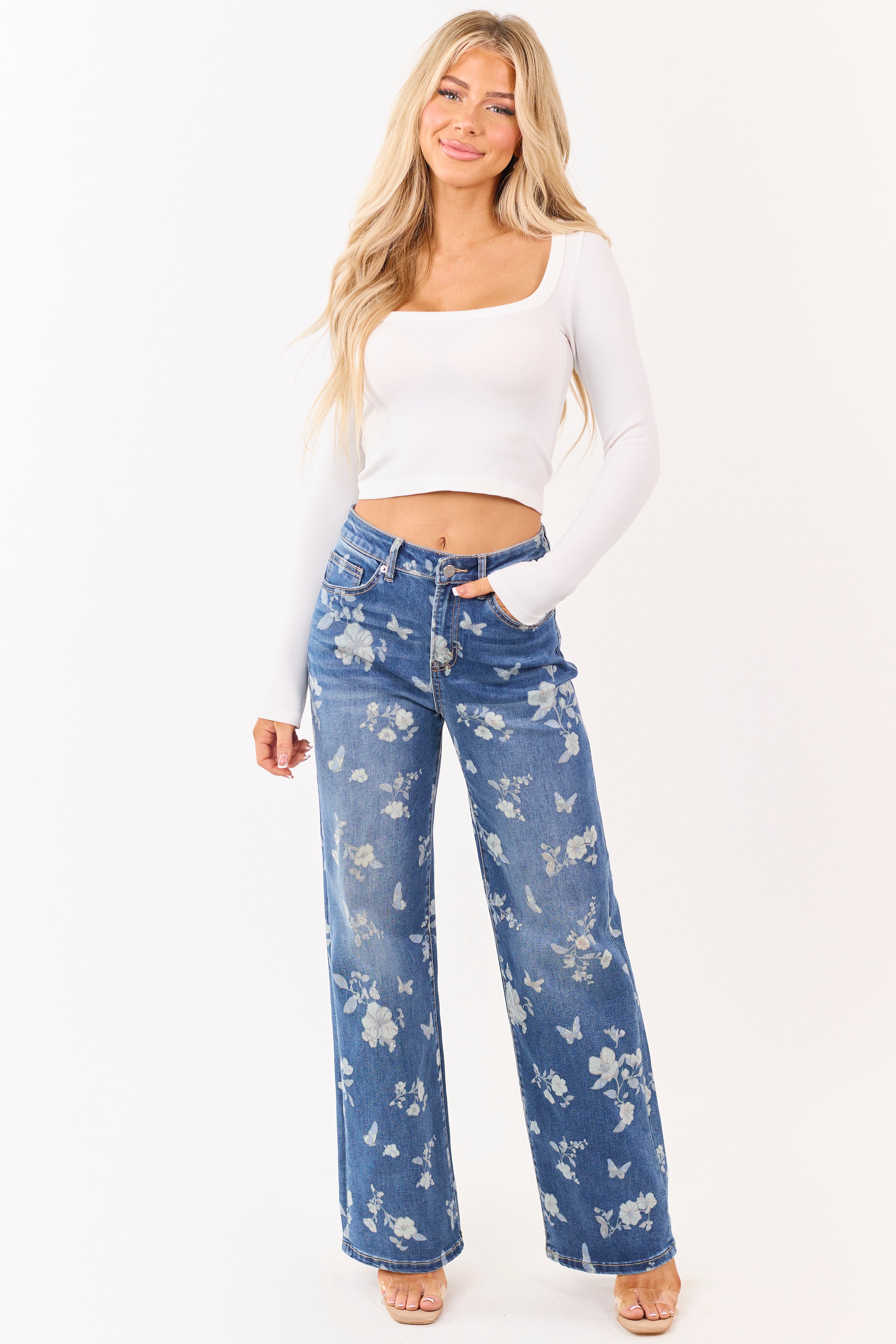 Mica Denim Medium Wash Floral Stretchy Wide Leg Jeans