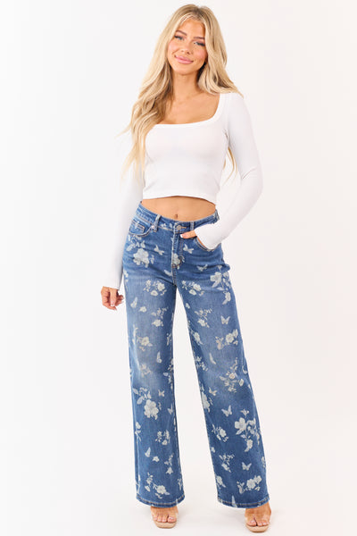 Mica Denim Medium Wash Floral Stretchy Wide Leg Jeans