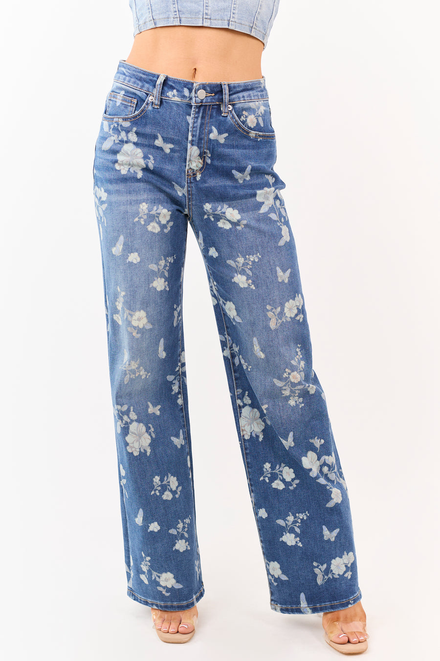 Mica Denim Medium Wash Floral Stretchy Wide Leg Jeans