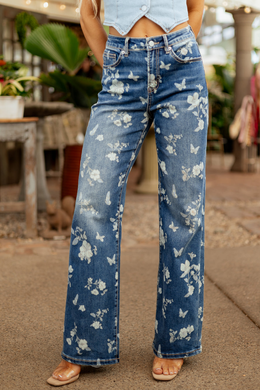 Mica Denim Medium Wash Floral Stretchy Wide Leg Jeans