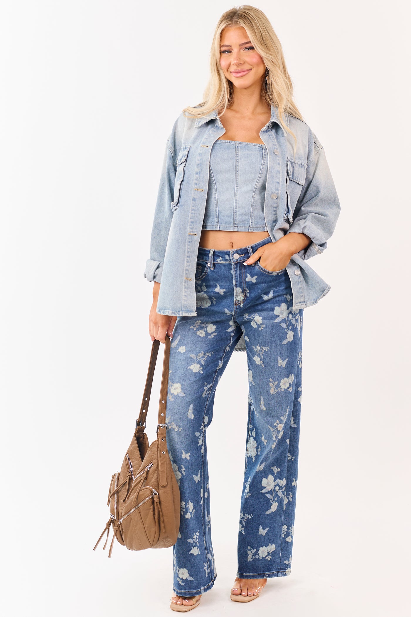 Mica Denim Medium Wash Floral Stretchy Wide Leg Jeans
